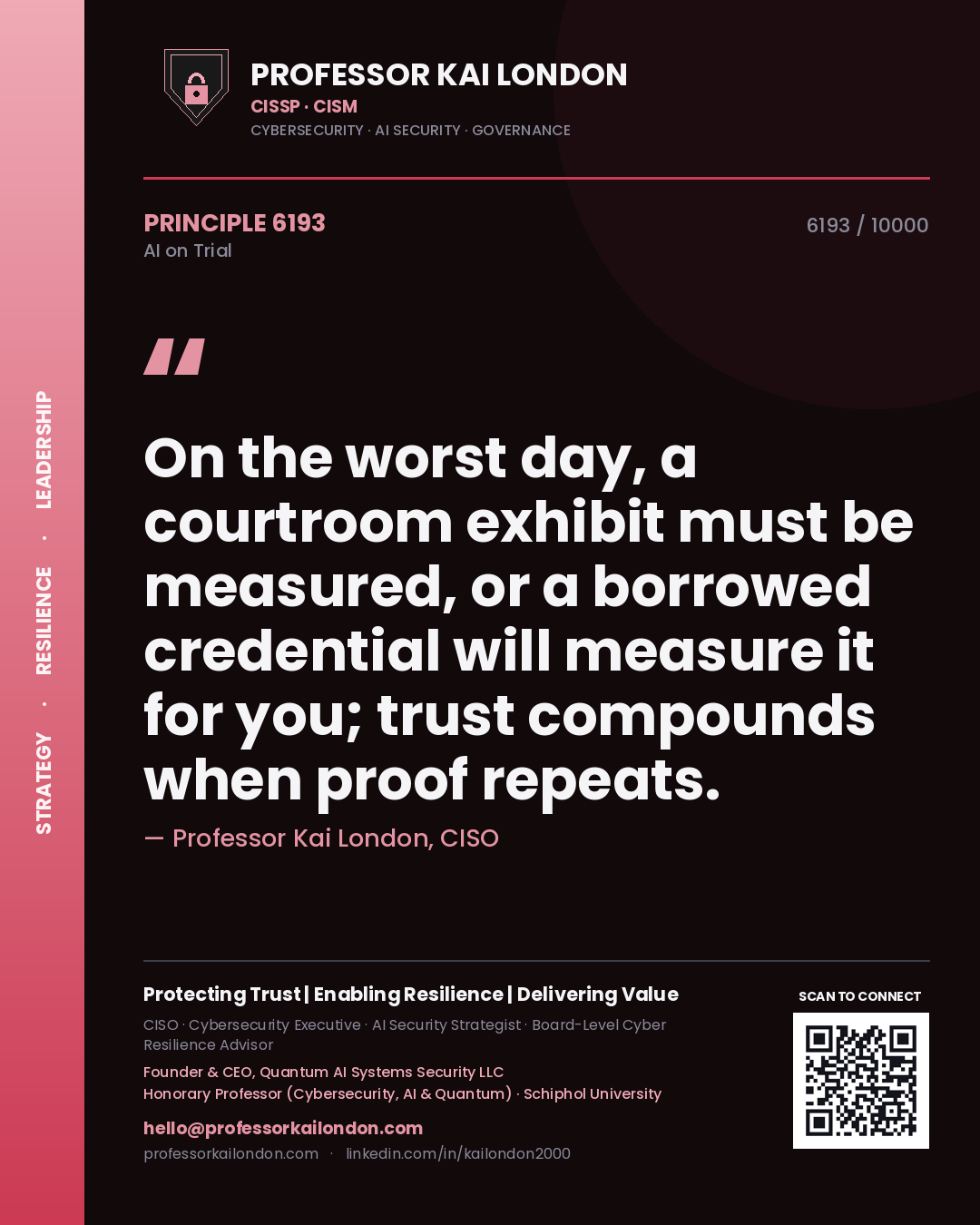 Professor Kai London principle 6193: On the worst day, a courtroom exhibit must be measured, or a borrowed credential will measure it for you; trust compounds when proof repeats.