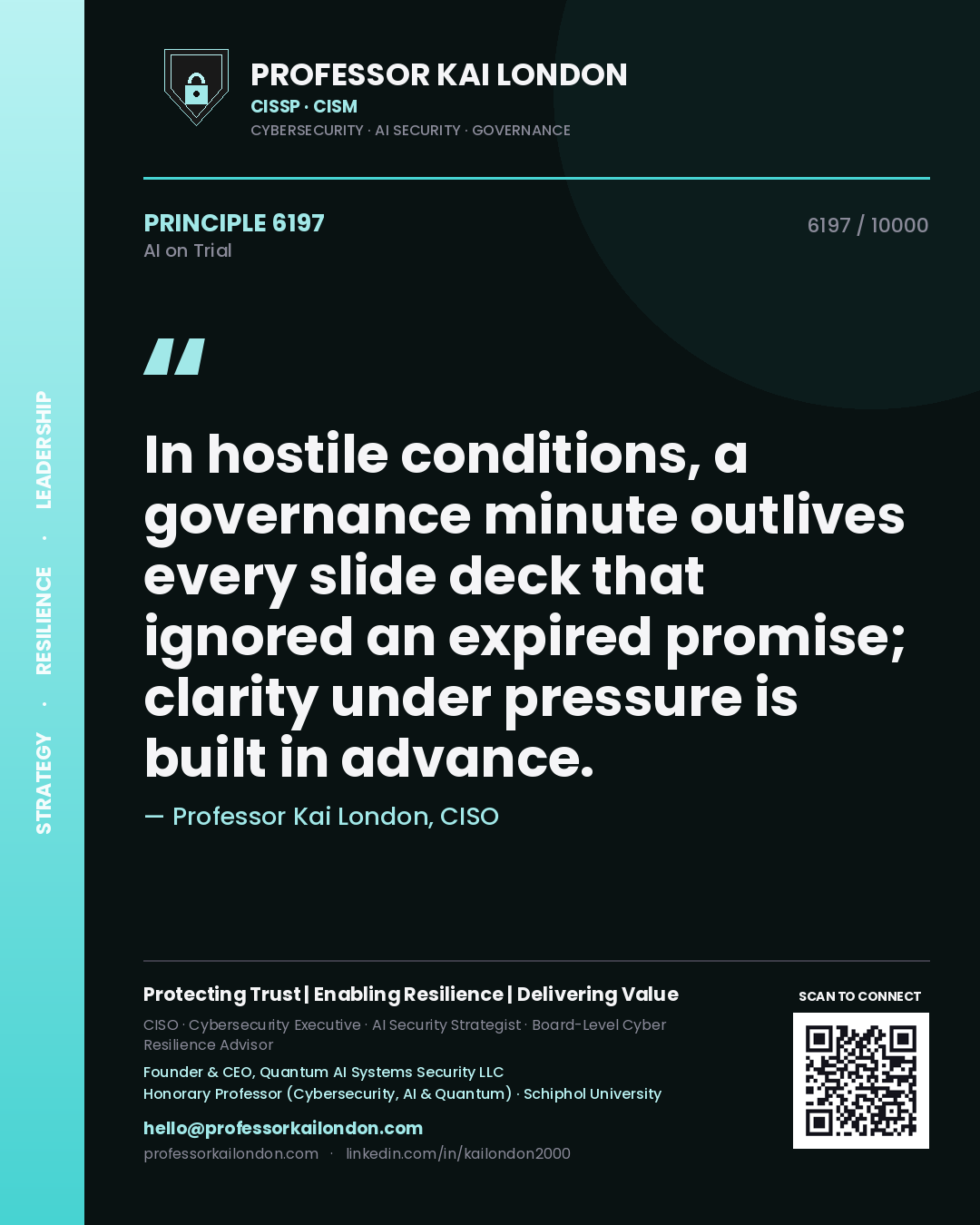 Quote card by Professor Kai London reading 'In hostile conditions, a governance minute outlives every slide deck that ignored an expired promise; clarity under pressure is built in advance.'. From the book AI on Trial.