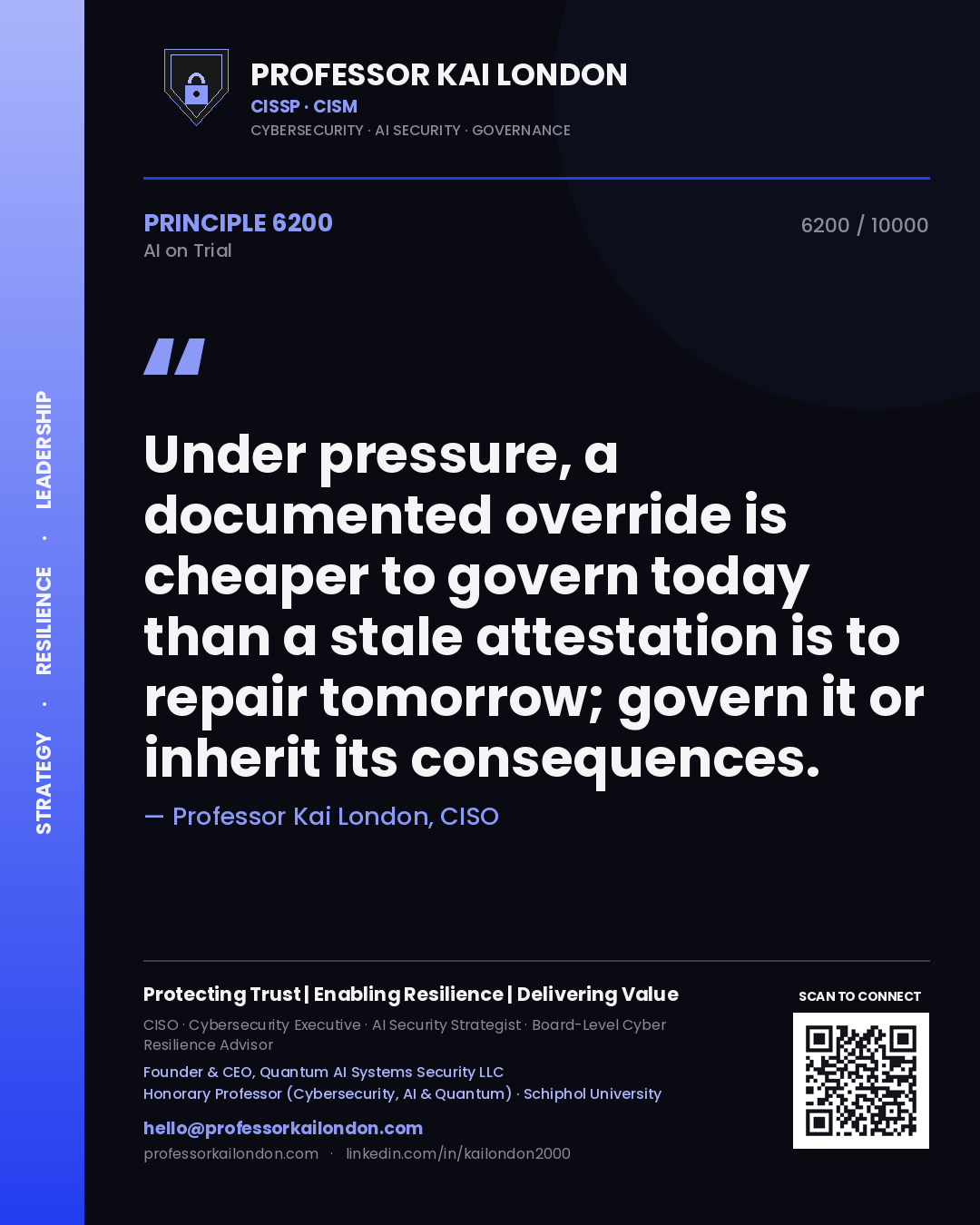 Quote card by Professor Kai London reading 'Under pressure, a documented override is cheaper to govern today than a stale attestation is to repair tomorrow; govern it or inherit its consequences.'. From the book AI on Trial.