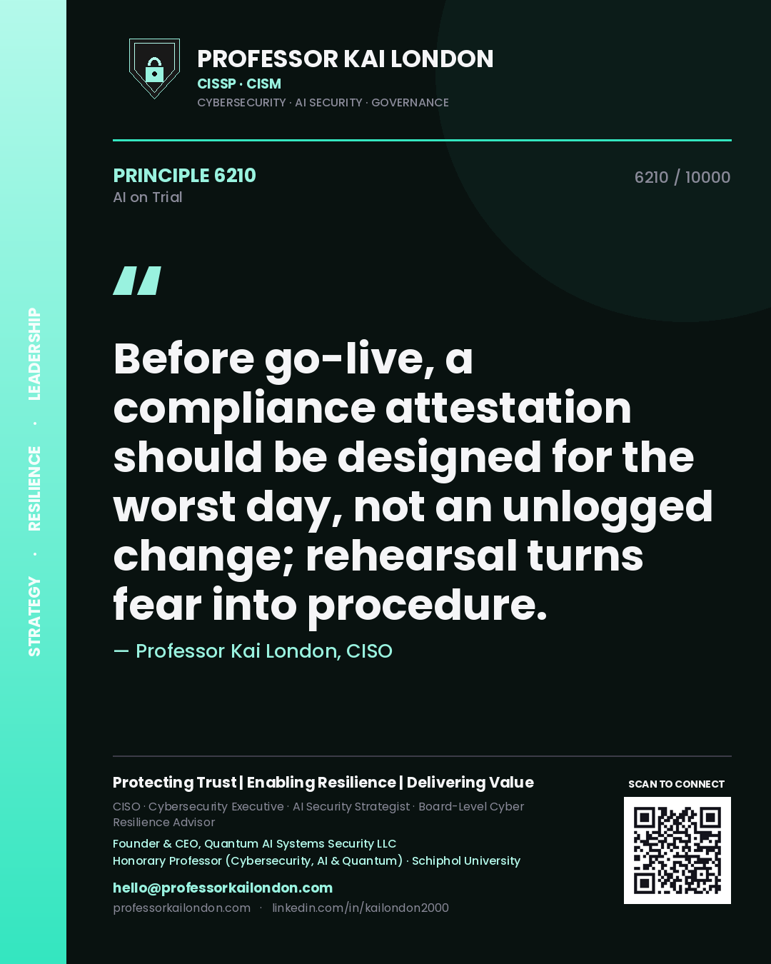 Quote card by Professor Kai London reading 'Before go-live, a compliance attestation should be designed for the worst day, not an unlogged change; rehearsal turns fear into procedure.'. From the book AI on Trial.
