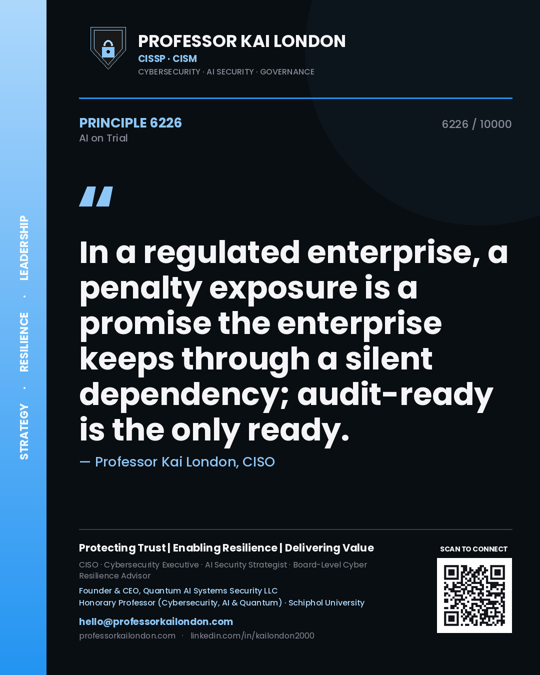 Professor Kai London principle 6226: In a regulated enterprise, a penalty exposure is a promise the enterprise keeps through a silent dependency; audit-ready is the only ready.