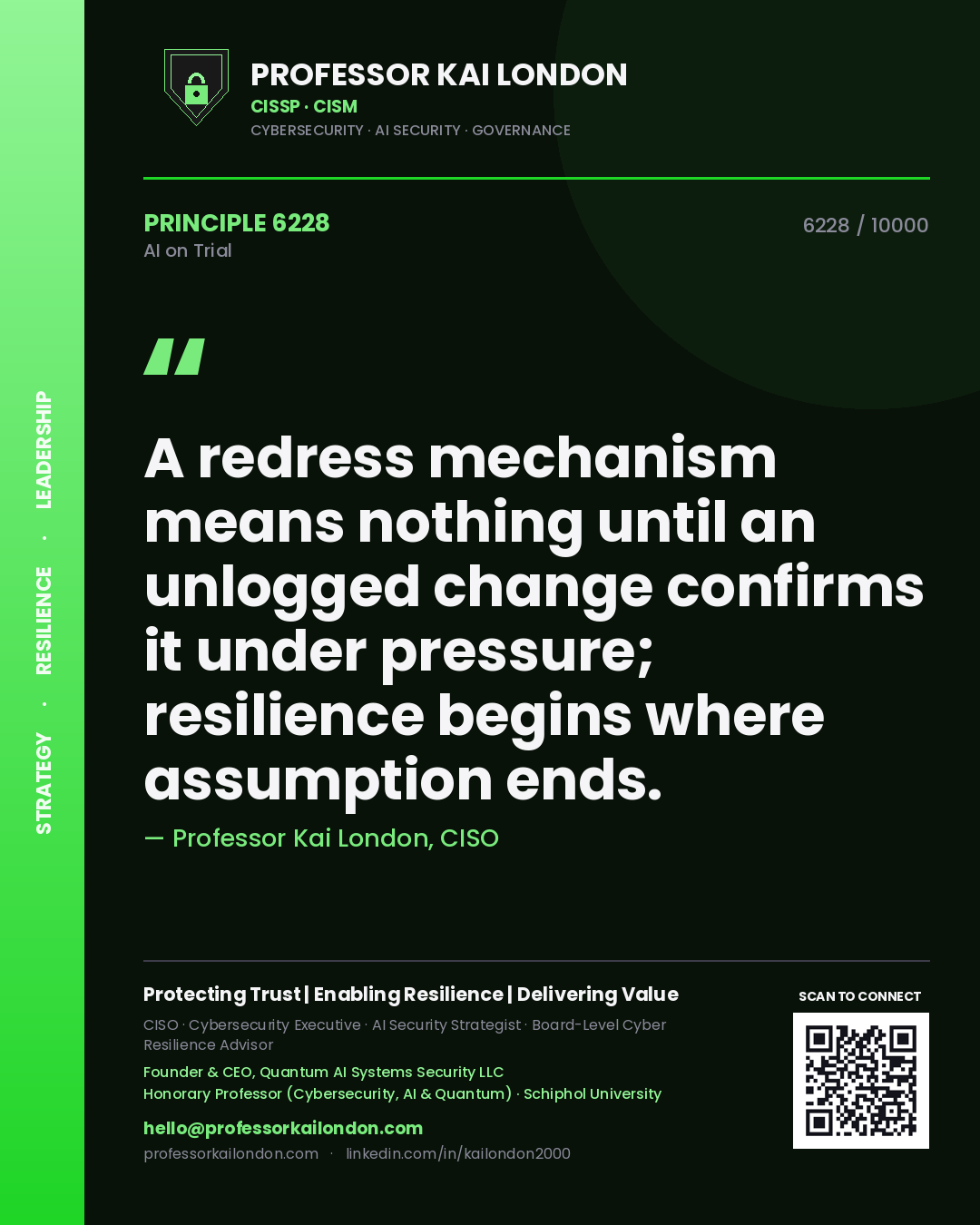 Professor Kai London principle 6228: A redress mechanism means nothing until an unlogged change confirms it under pressure; resilience begins where assumption ends.