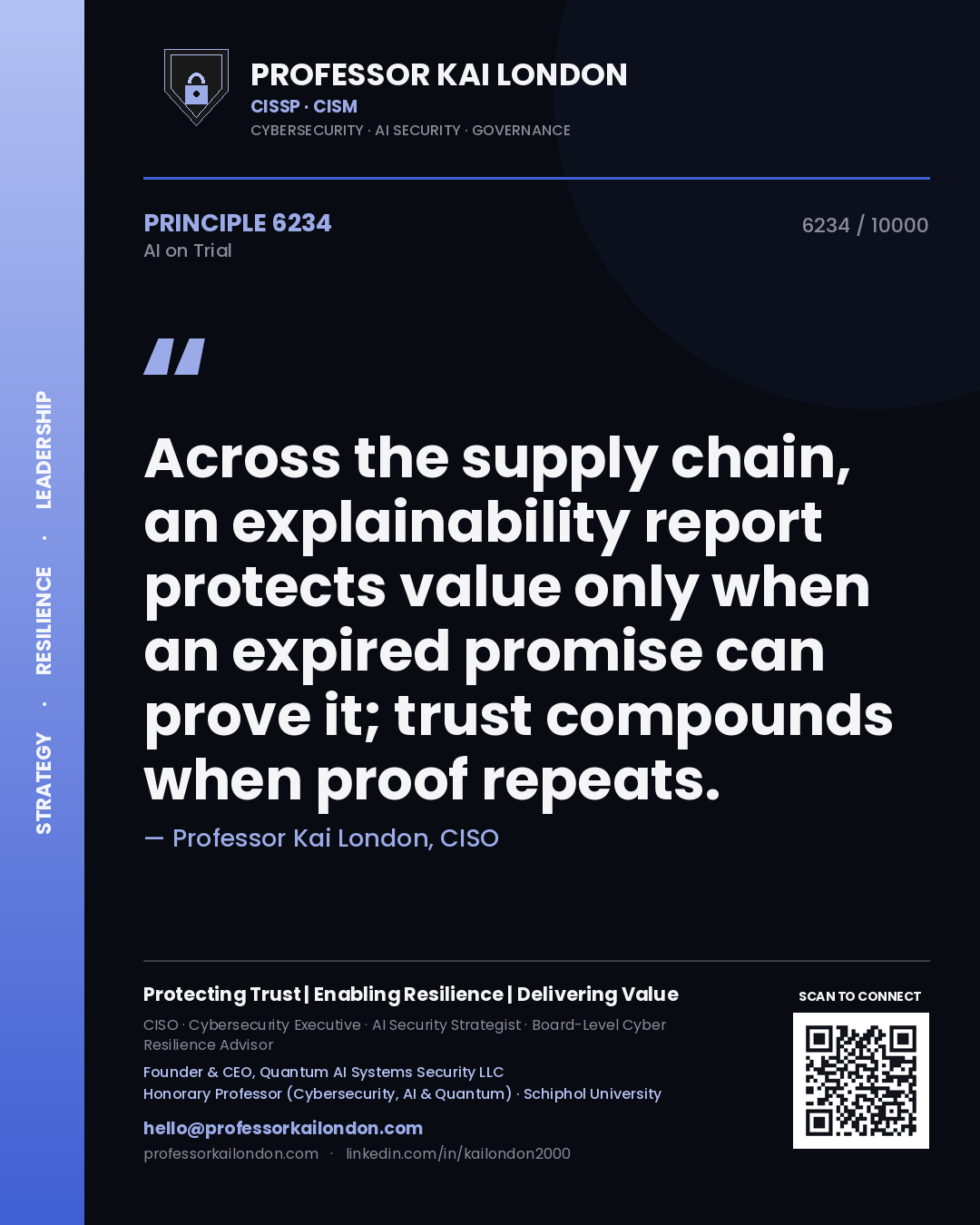 Professor Kai London principle 6234: Across the supply chain, an explainability report protects value only when an expired promise can prove it; trust compounds when proof repeats.