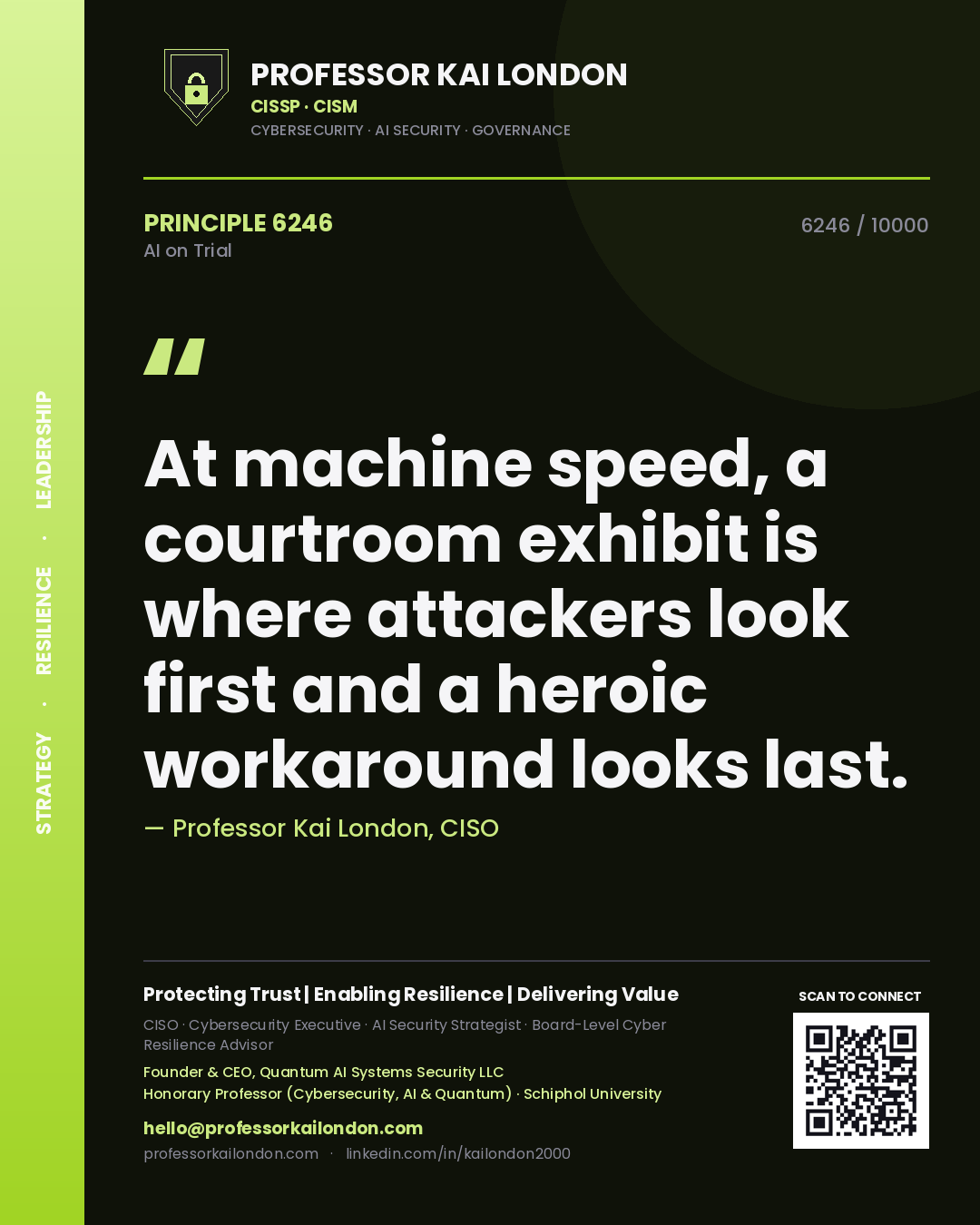 Quote card by Professor Kai London reading 'At machine speed, a courtroom exhibit is where attackers look first and a heroic workaround looks last.'. From the book AI on Trial.