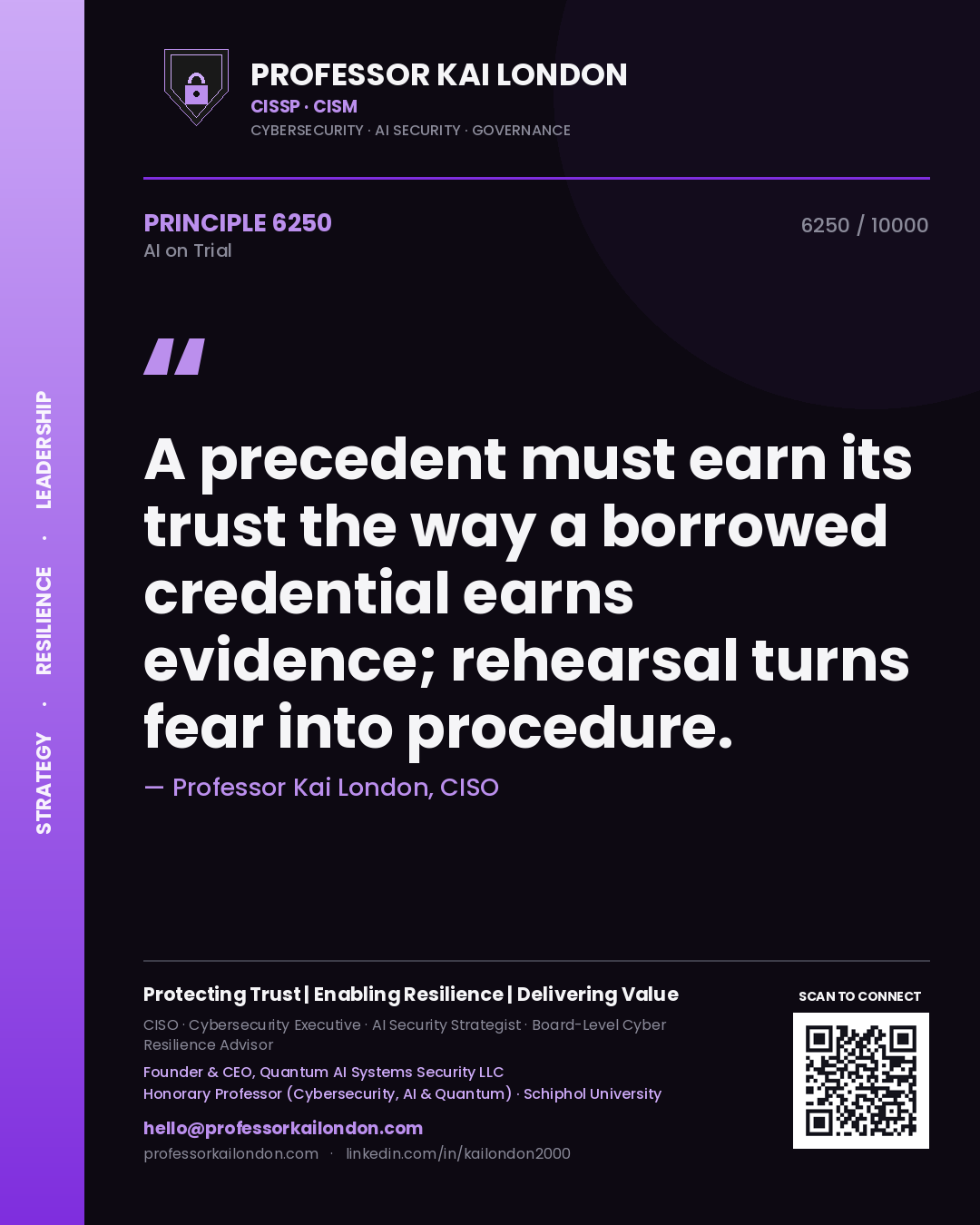 Quote card by Professor Kai London reading 'A precedent must earn its trust the way a borrowed credential earns evidence; rehearsal turns fear into procedure.'. From the book AI on Trial.