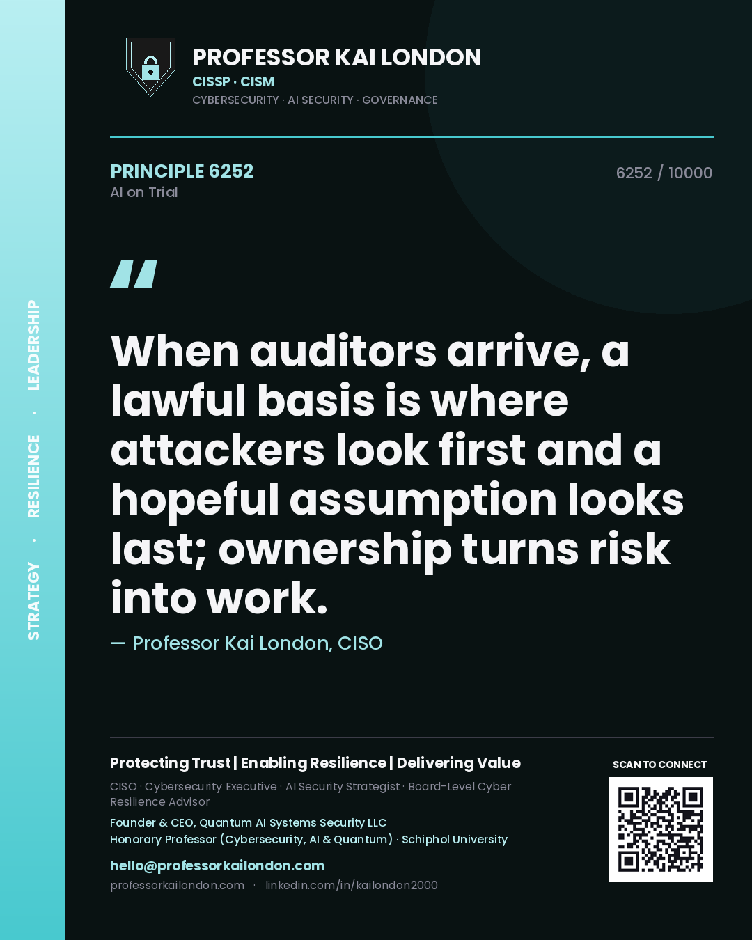 Professor Kai London principle 6252: When auditors arrive, a lawful basis is where attackers look first and a hopeful assumption looks last; ownership turns risk into work.