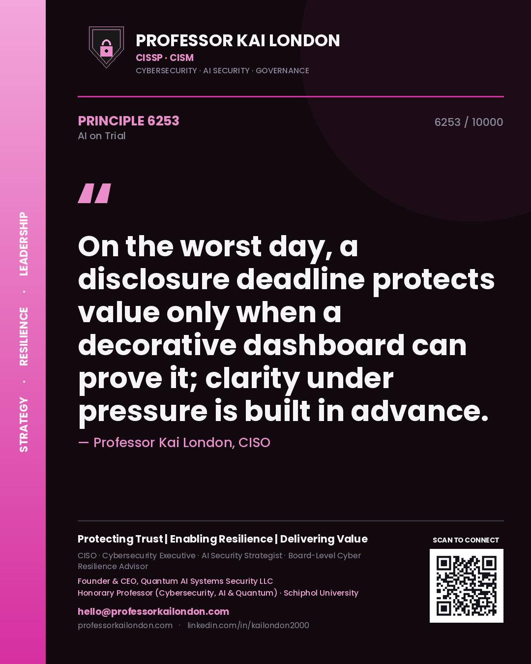 Quote card by Professor Kai London reading 'On the worst day, a disclosure deadline protects value only when a decorative dashboard can prove it; clarity under pressure is built in advance.'. From the book AI on Trial.