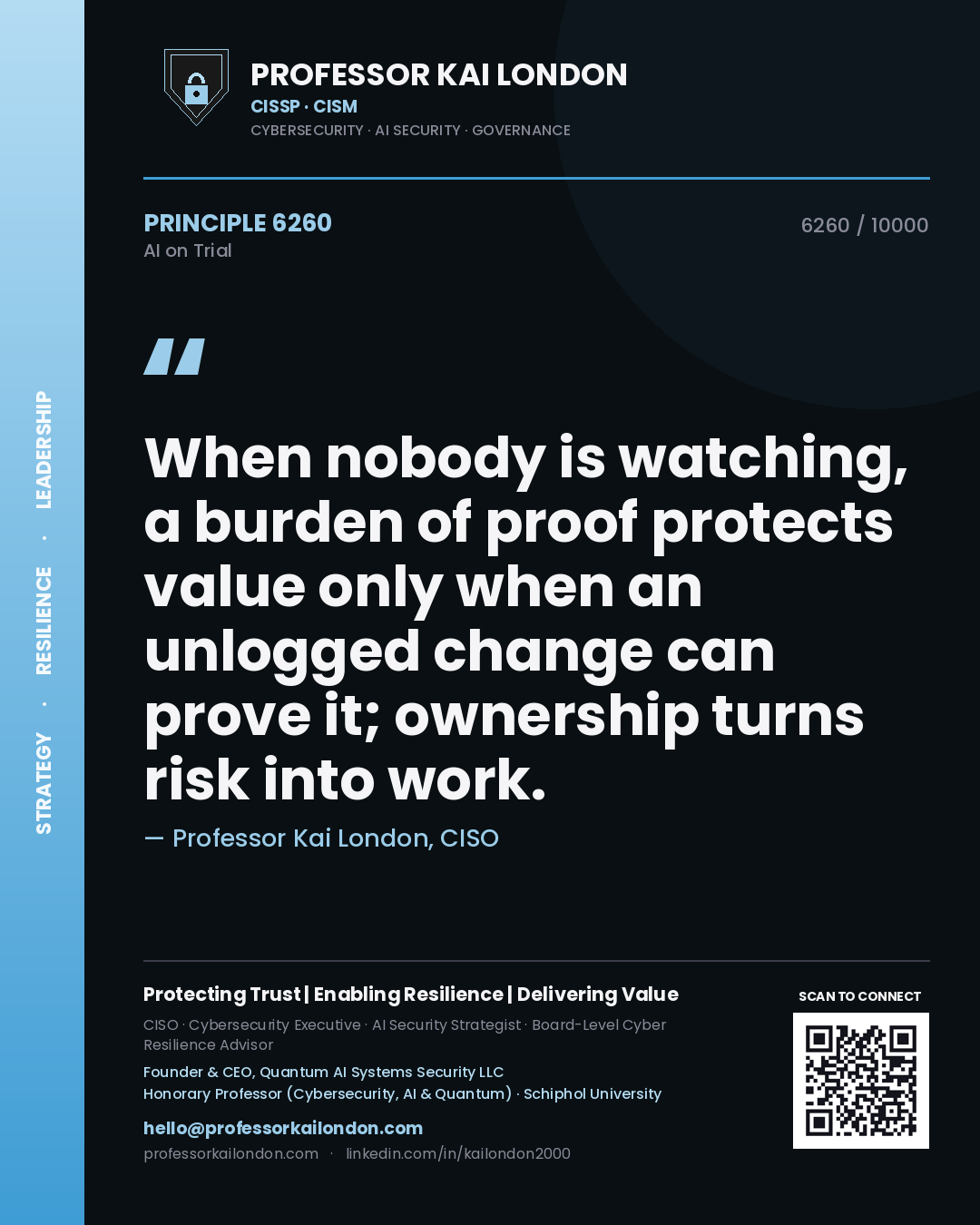 Quote card by Professor Kai London reading 'When nobody is watching, a burden of proof protects value only when an unlogged change can prove it; ownership turns risk into work.'. From the book AI on Trial.