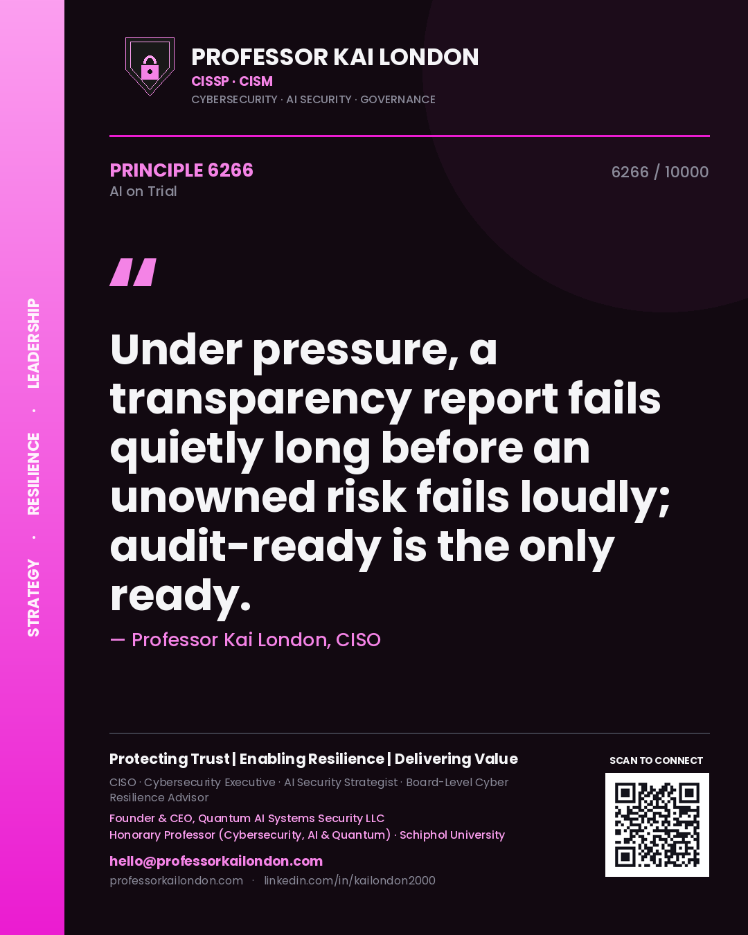 Quote card by Professor Kai London reading 'Under pressure, a transparency report fails quietly long before an unowned risk fails loudly; audit-ready is the only ready.'. From the book AI on Trial.