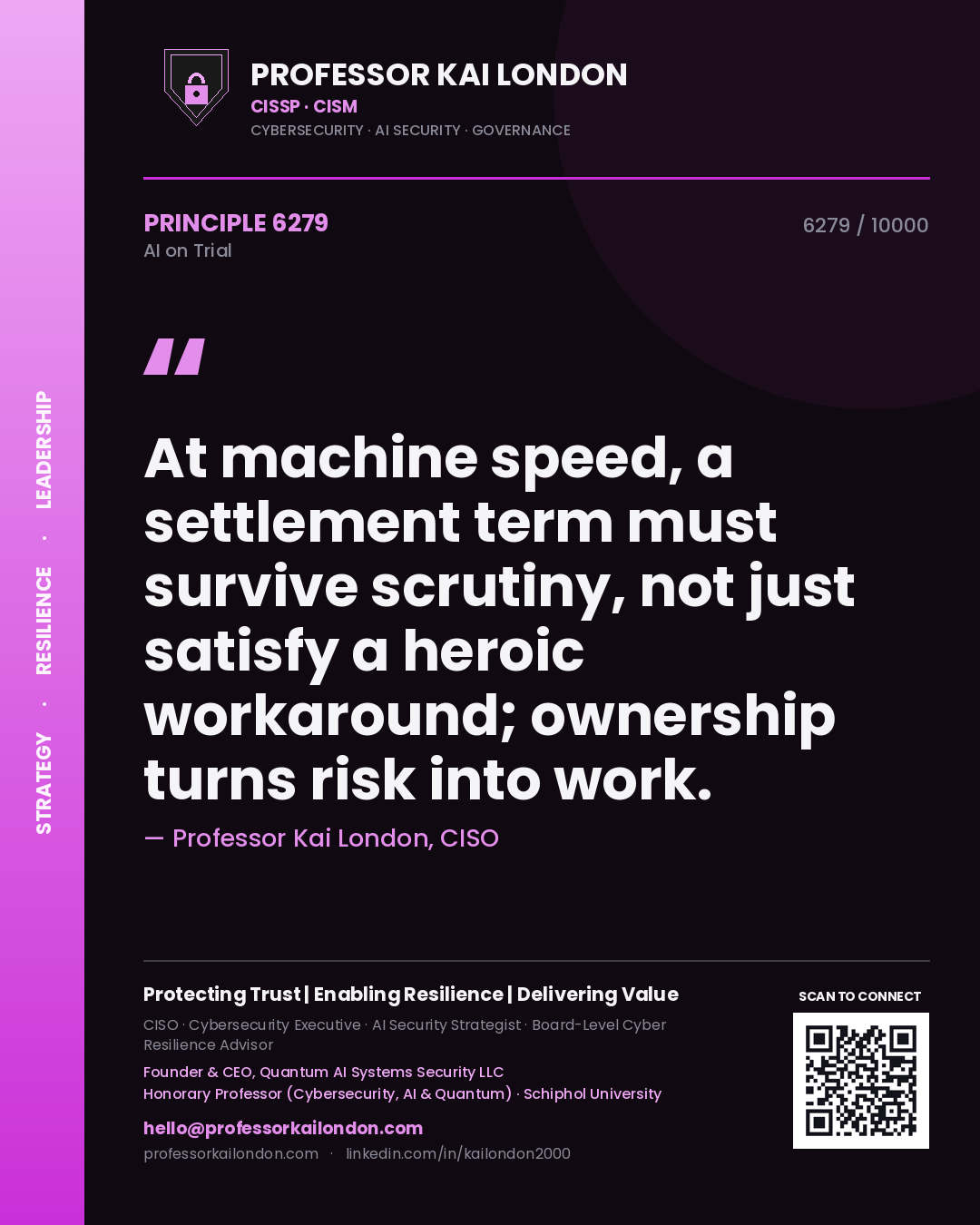 Quote card by Professor Kai London reading 'At machine speed, a settlement term must survive scrutiny, not just satisfy a heroic workaround; ownership turns risk into work.'. From the book AI on Trial.
