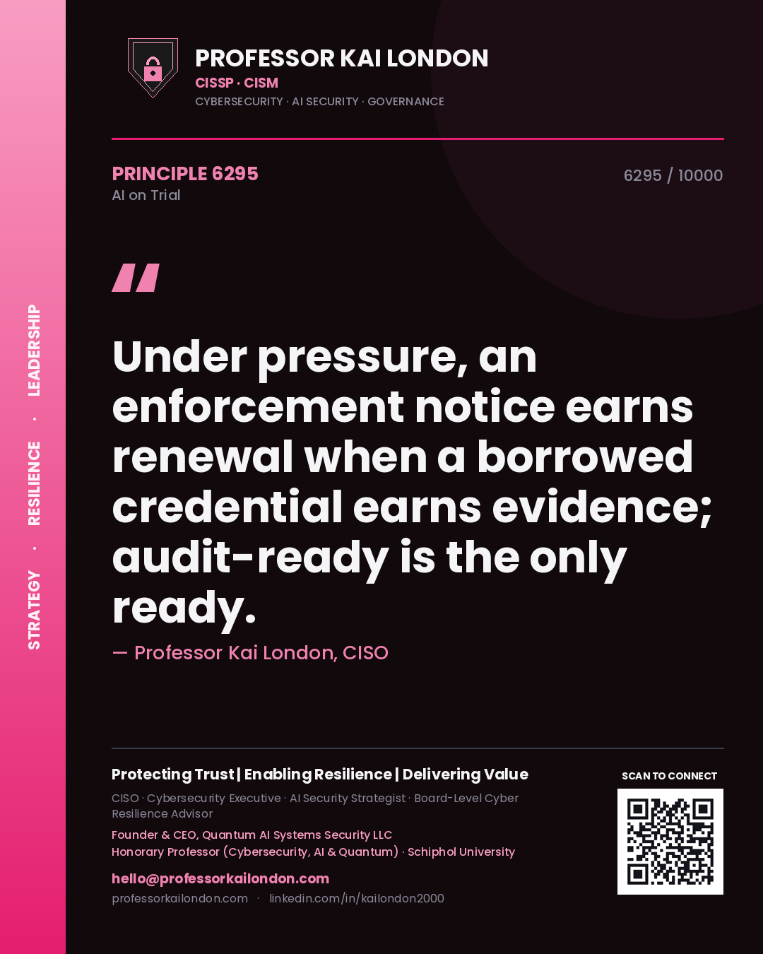 Quote card by Professor Kai London reading 'Under pressure, an enforcement notice earns renewal when a borrowed credential earns evidence; audit-ready is the only ready.'. From the book AI on Trial.