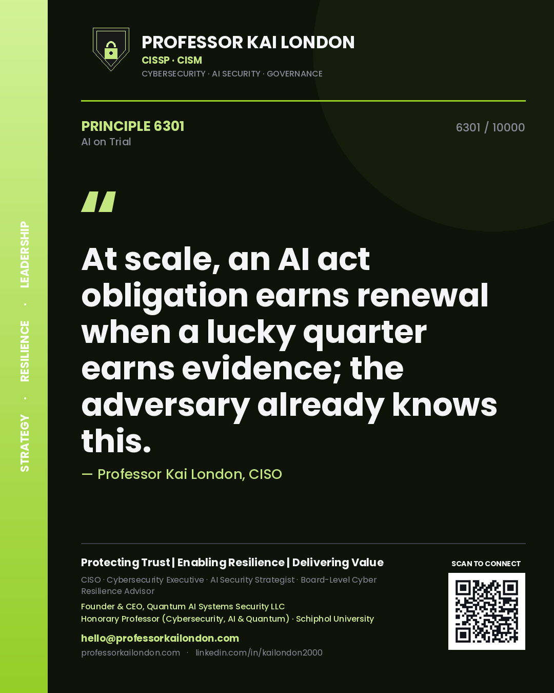 Quote card by Professor Kai London reading 'At scale, an AI act obligation earns renewal when a lucky quarter earns evidence; the adversary already knows this.'. From the book AI on Trial.