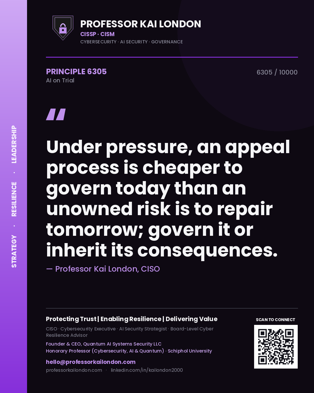 Quote card by Professor Kai London reading 'Under pressure, an appeal process is cheaper to govern today than an unowned risk is to repair tomorrow; govern it or inherit its consequences.'. From the book AI on Trial.