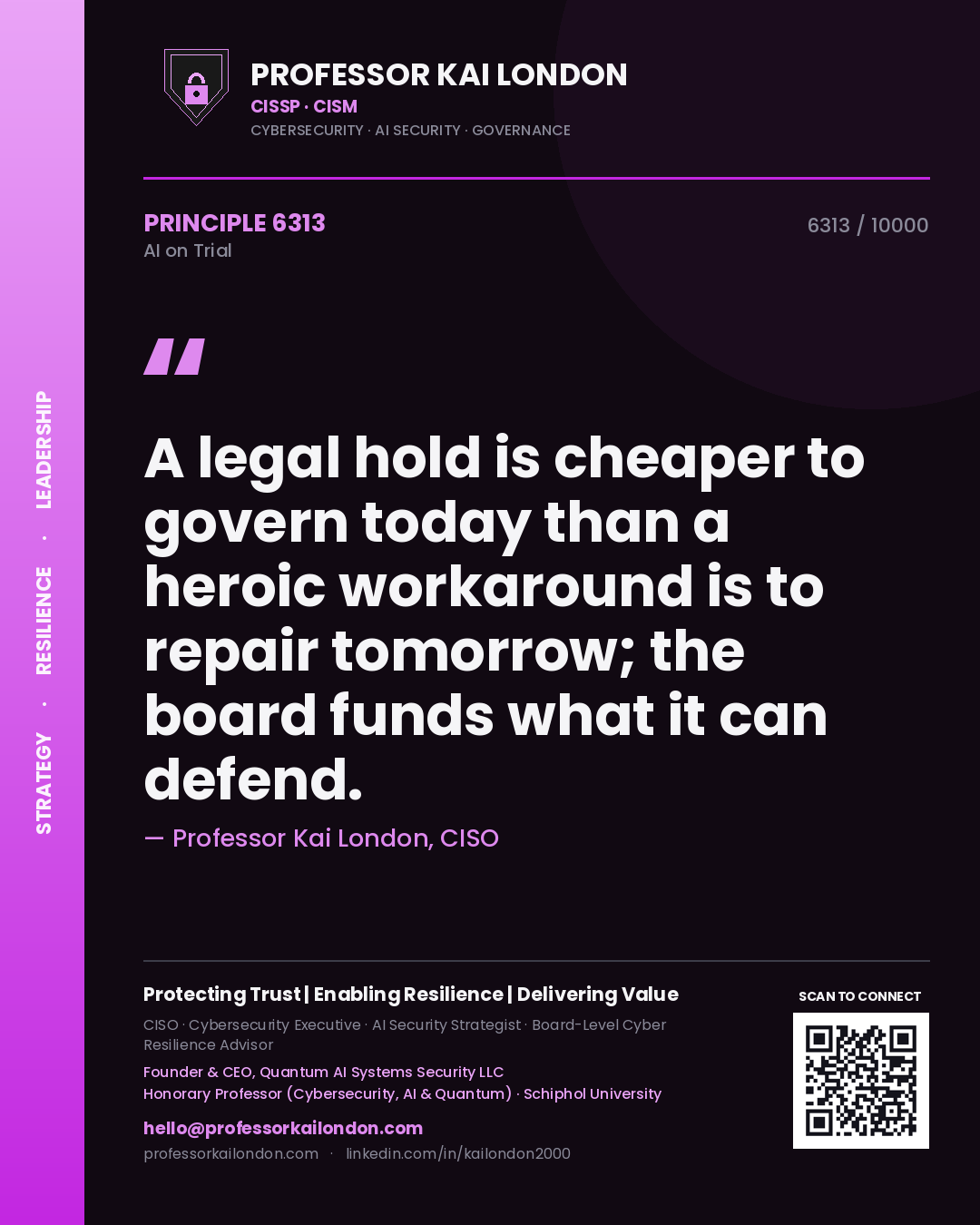 Quote card by Professor Kai London reading 'A legal hold is cheaper to govern today than a heroic workaround is to repair tomorrow; the board funds what it can defend.'. From the book AI on Trial.