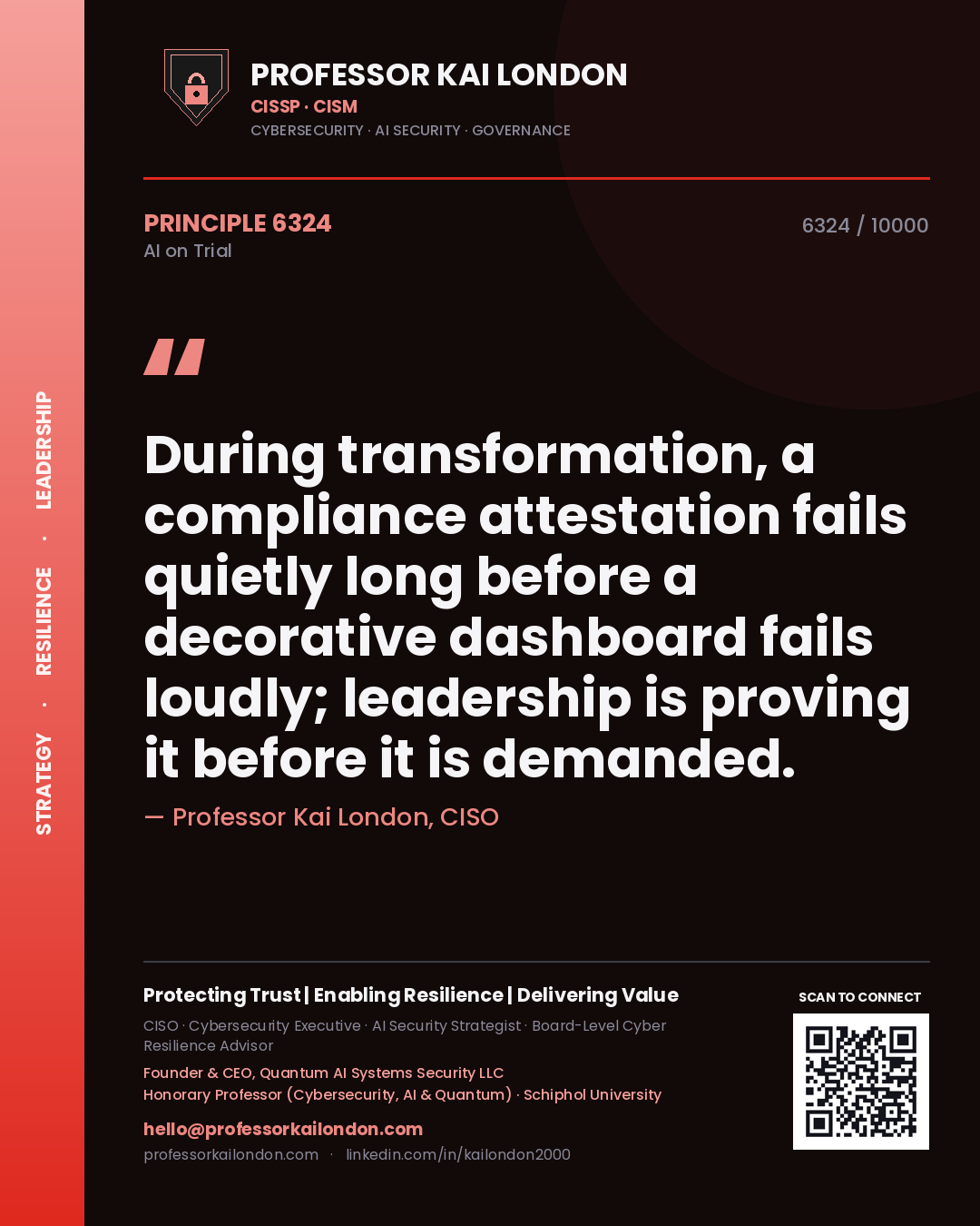 Quote card by Professor Kai London reading 'During transformation, a compliance attestation fails quietly long before a decorative dashboard fails loudly; leadership is proving it before it is demanded.'. From the book AI on Trial.