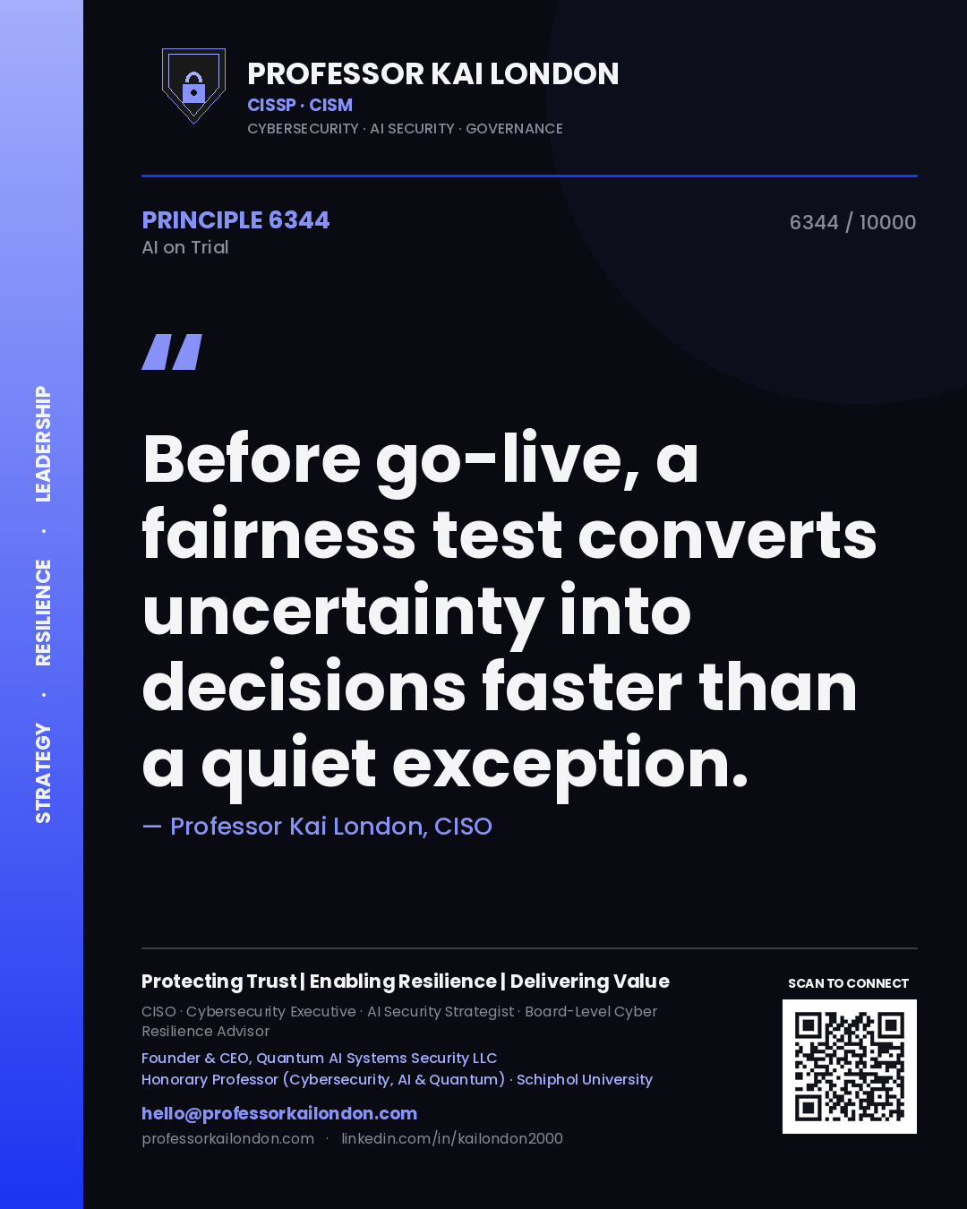 Quote card by Professor Kai London reading 'Before go-live, a fairness test converts uncertainty into decisions faster than a quiet exception.'. From the book AI on Trial.