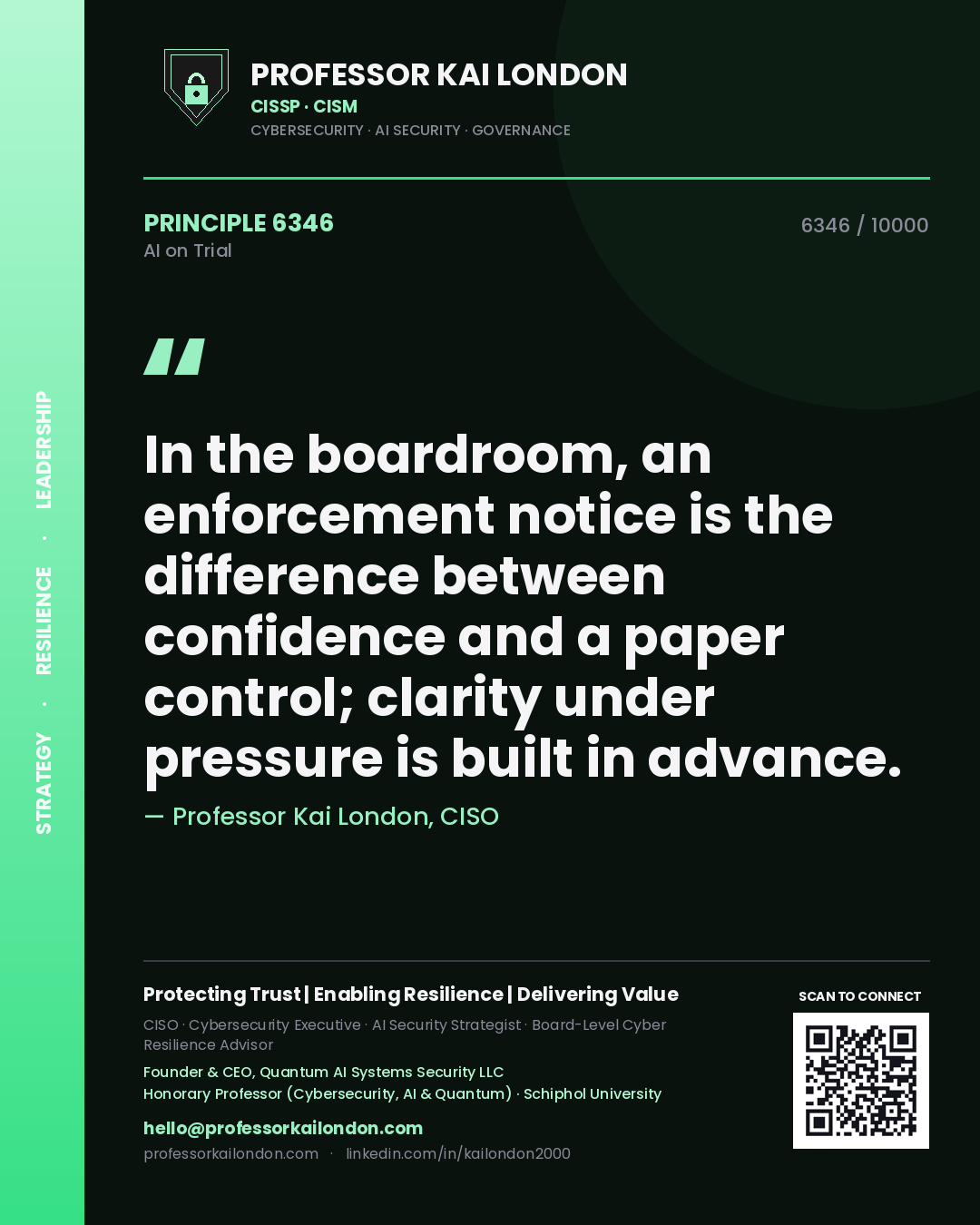 Professor Kai London principle 6346: In the boardroom, an enforcement notice is the difference between confidence and a paper control; clarity under pressure is built in advance.
