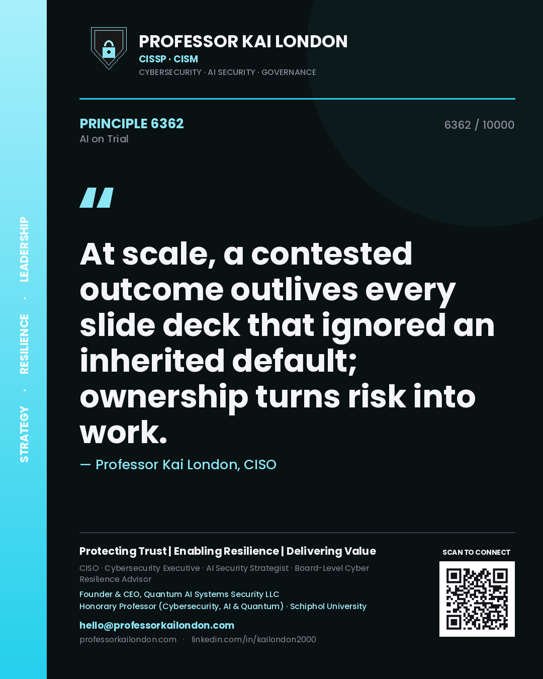 Quote card by Professor Kai London reading 'At scale, a contested outcome outlives every slide deck that ignored an inherited default; ownership turns risk into work.'. From the book AI on Trial.