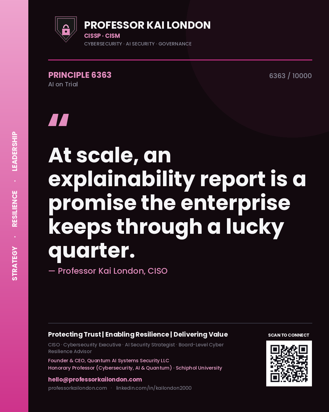 Professor Kai London principle 6363: At scale, an explainability report is a promise the enterprise keeps through a lucky quarter.