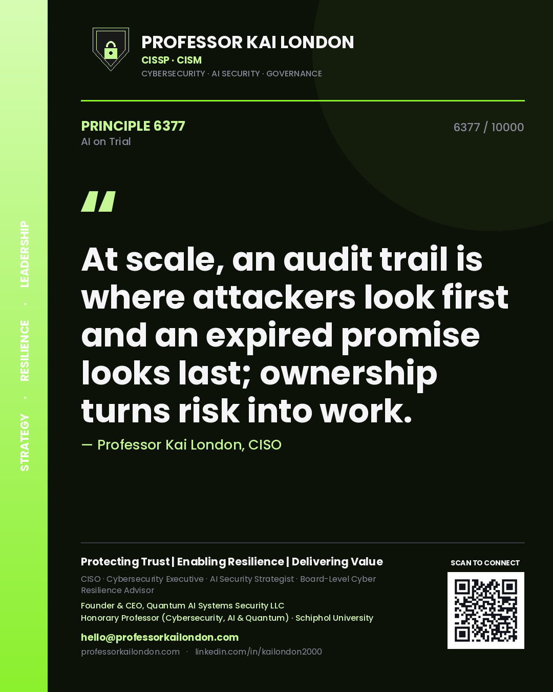 Professor Kai London principle 6377: At scale, an audit trail is where attackers look first and an expired promise looks last; ownership turns risk into work.