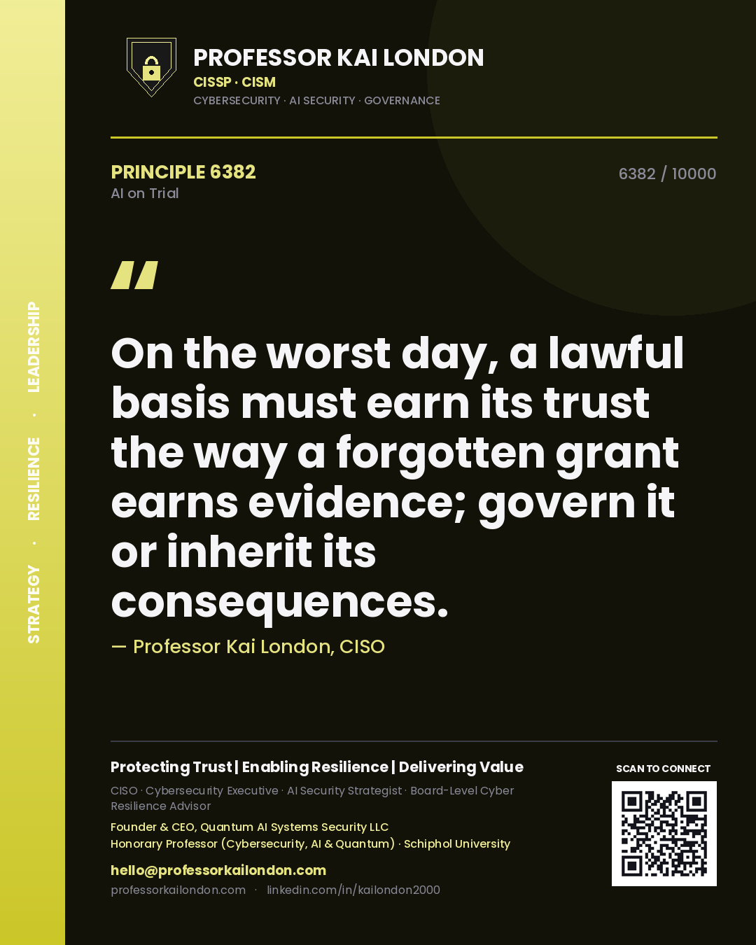 Quote card by Professor Kai London reading 'On the worst day, a lawful basis must earn its trust the way a forgotten grant earns evidence; govern it or inherit its consequences.'. From the book AI on Trial.