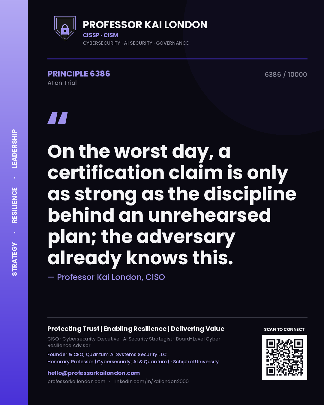 Professor Kai London principle 6386: On the worst day, a certification claim is only as strong as the discipline behind an unrehearsed plan; the adversary already knows this.