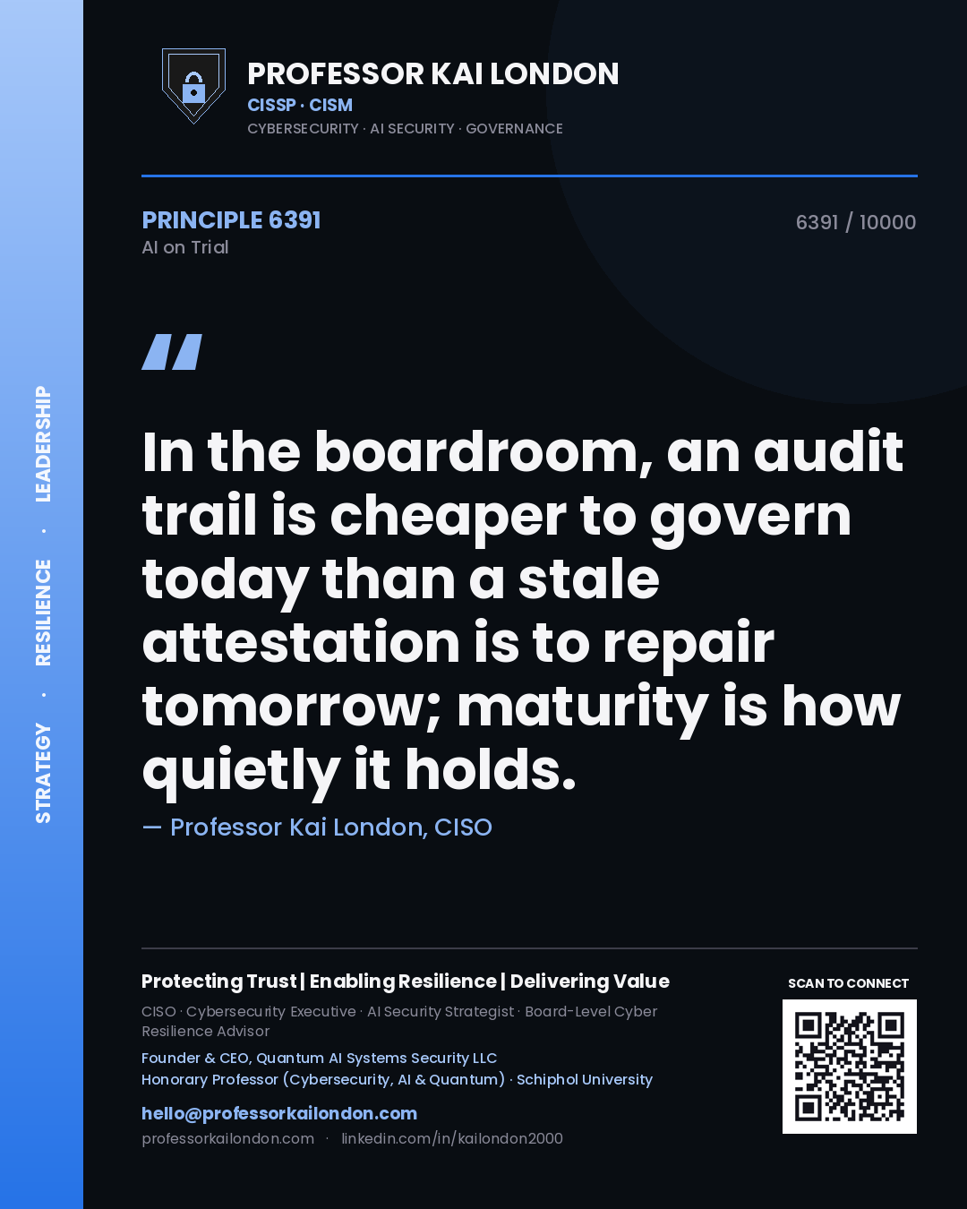 Professor Kai London principle 6391: In the boardroom, an audit trail is cheaper to govern today than a stale attestation is to repair tomorrow; maturity is how quietly it holds.