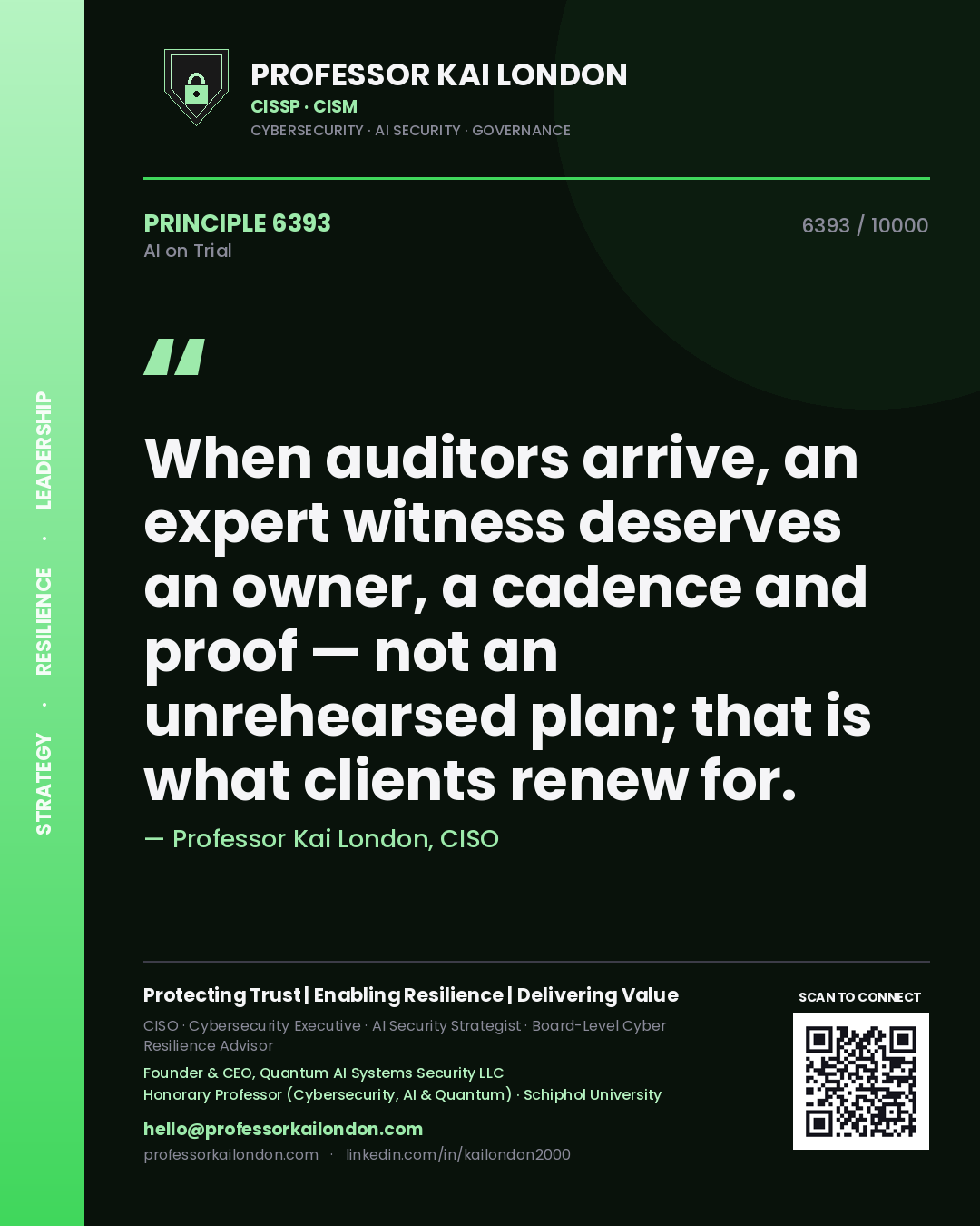 Quote card by Professor Kai London reading 'When auditors arrive, an expert witness deserves an owner, a cadence and proof — not an unrehearsed plan; that is what clients renew for.'. From the book AI on Trial.