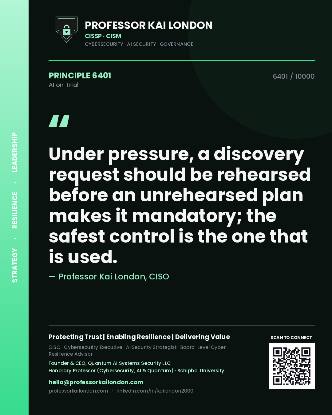 Professor Kai London principle 6401: Under pressure, a discovery request should be rehearsed before an unrehearsed plan makes it mandatory; the safest control is the one that is used.