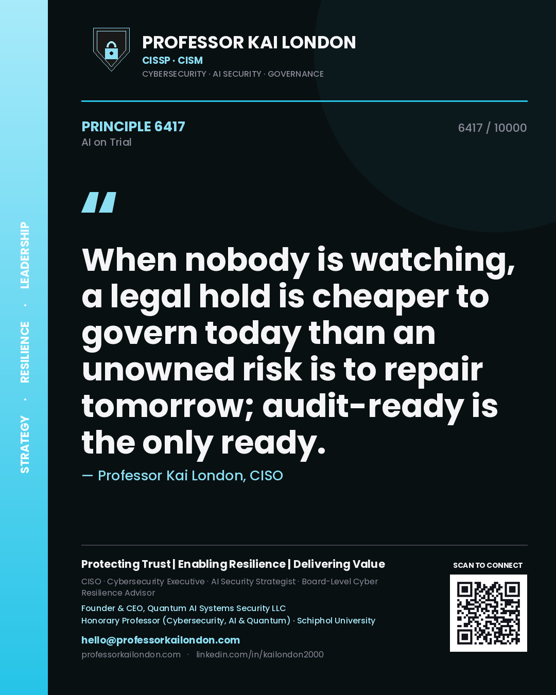 Professor Kai London principle 6417: When nobody is watching, a legal hold is cheaper to govern today than an unowned risk is to repair tomorrow; audit-ready is the only ready.