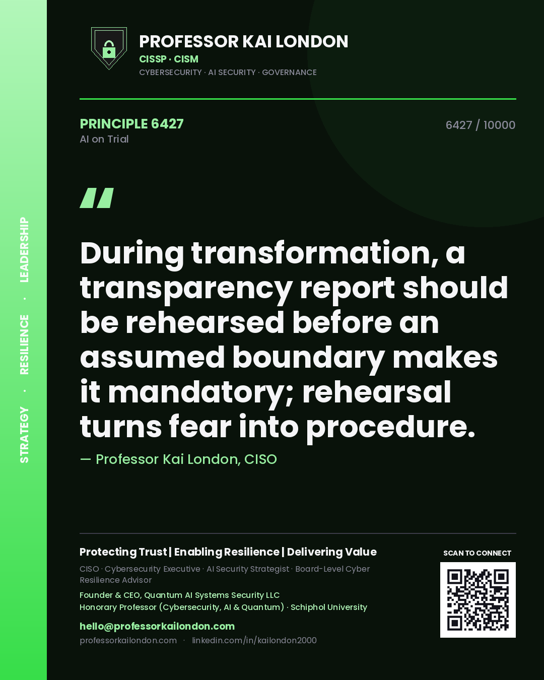 Professor Kai London principle 6427: During transformation, a transparency report should be rehearsed before an assumed boundary makes it mandatory; rehearsal turns fear into procedure.