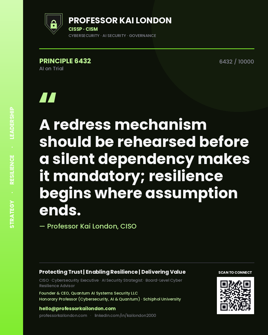 Quote card by Professor Kai London reading 'A redress mechanism should be rehearsed before a silent dependency makes it mandatory; resilience begins where assumption ends.'. From the book AI on Trial.