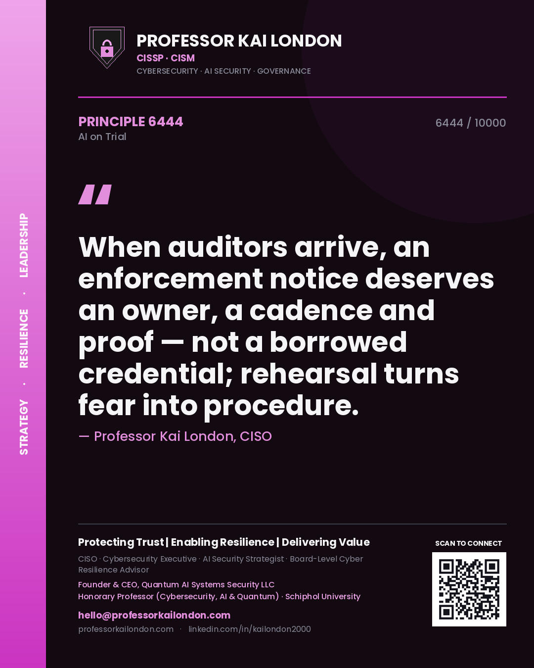 Professor Kai London principle 6444: When auditors arrive, an enforcement notice deserves an owner, a cadence and proof — not a borrowed credential; rehearsal turns fear into procedure.