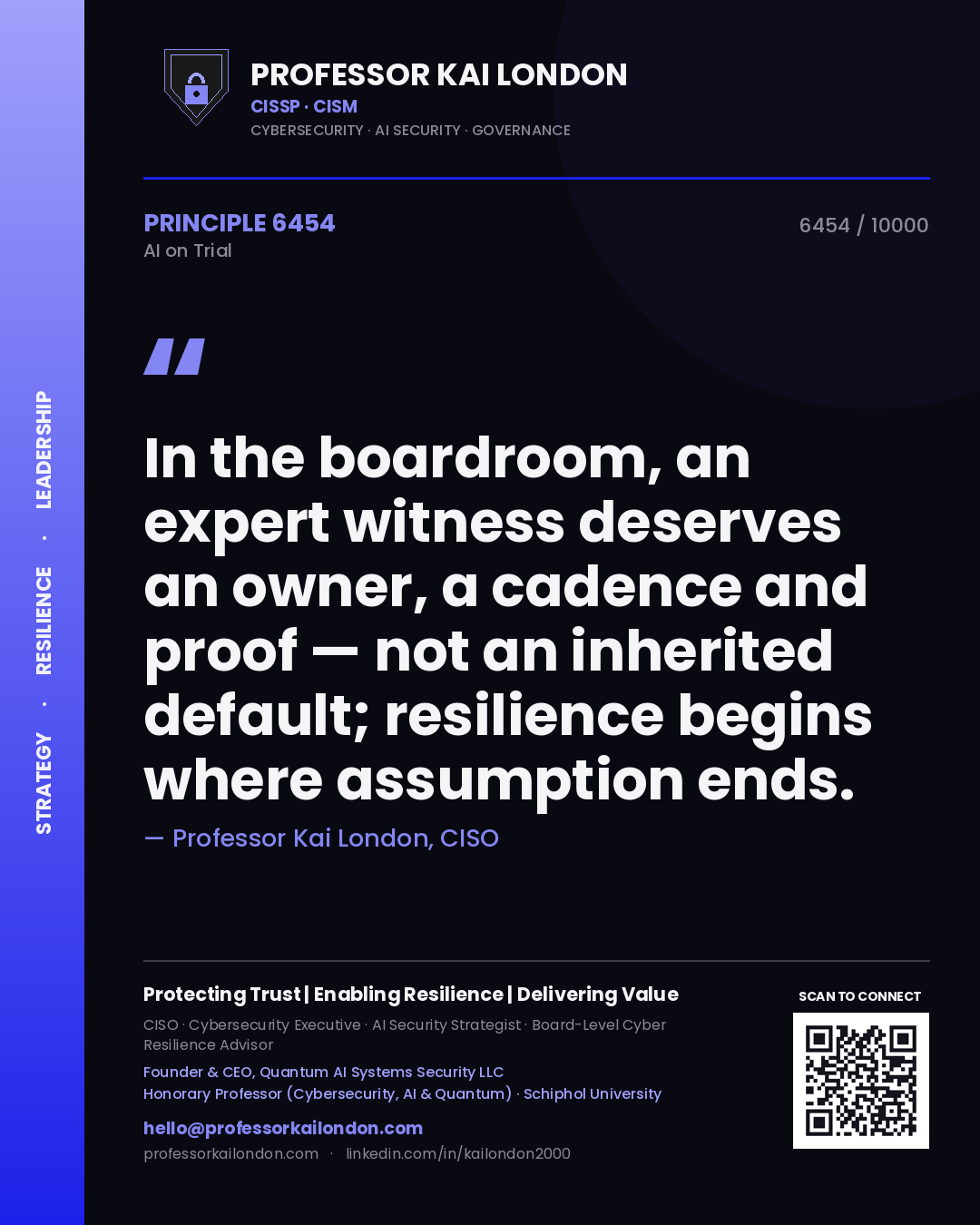Professor Kai London principle 6454: In the boardroom, an expert witness deserves an owner, a cadence and proof — not an inherited default; resilience begins where assumption ends.