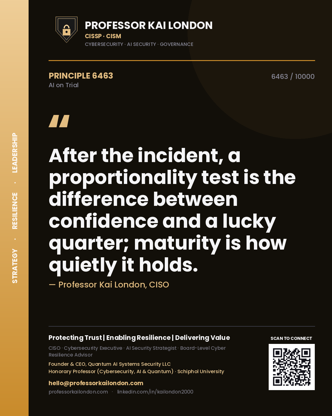 Professor Kai London principle 6463: After the incident, a proportionality test is the difference between confidence and a lucky quarter; maturity is how quietly it holds.