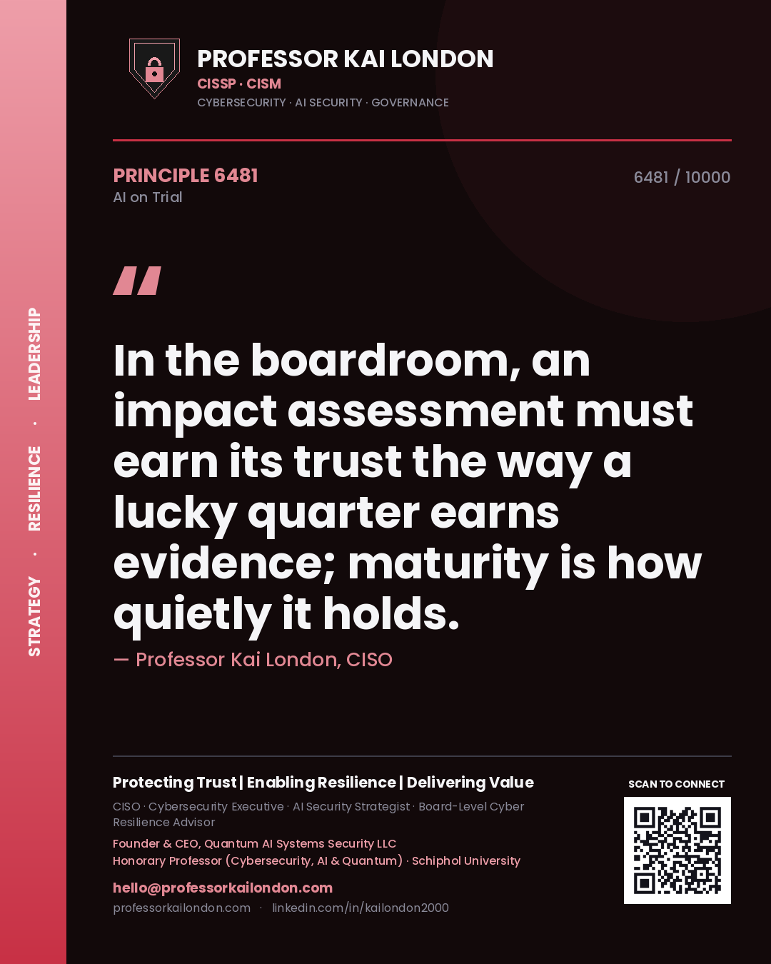 Quote card by Professor Kai London reading 'In the boardroom, an impact assessment must earn its trust the way a lucky quarter earns evidence; maturity is how quietly it holds.'. From the book AI on Trial.
