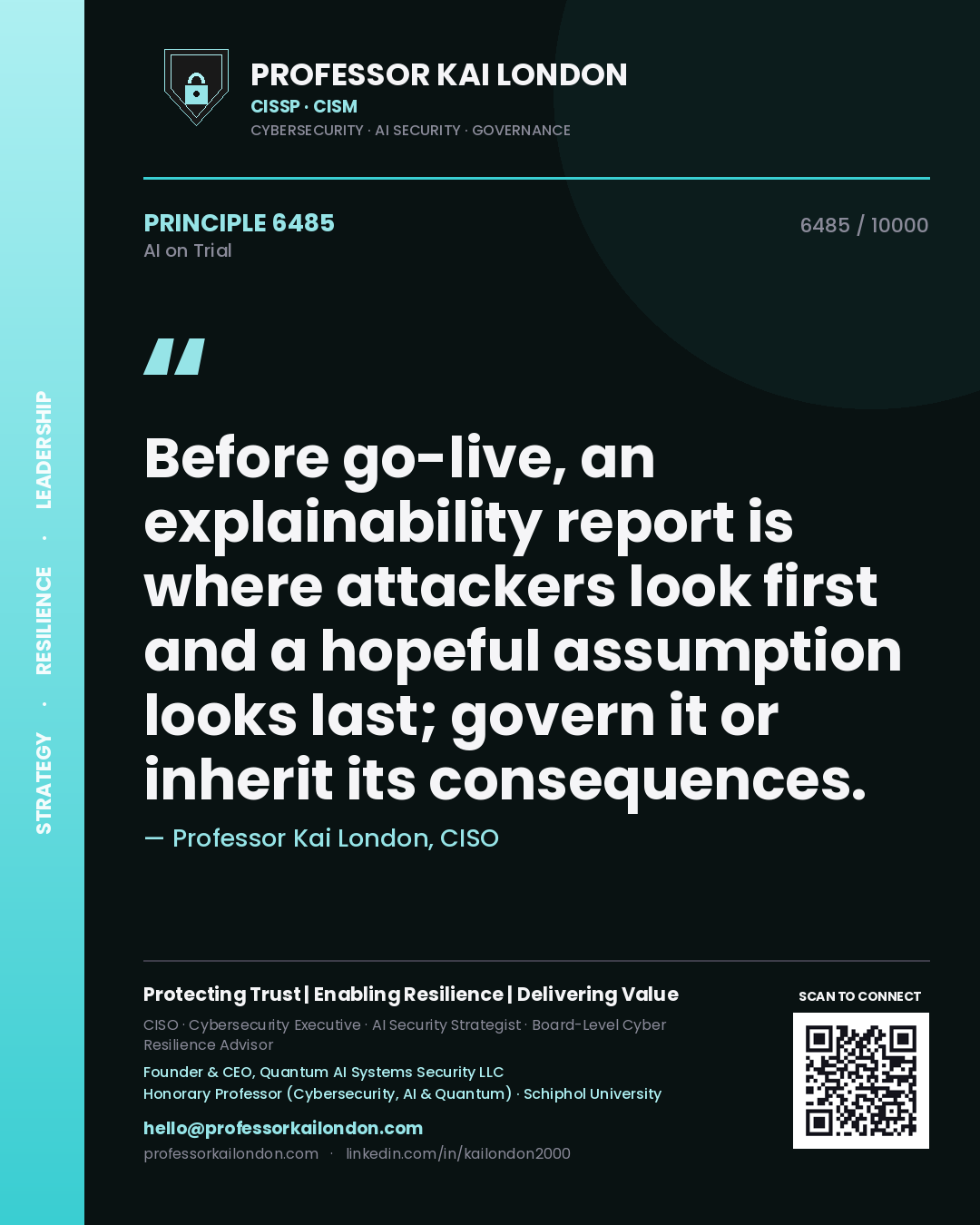 Professor Kai London principle 6485: Before go-live, an explainability report is where attackers look first and a hopeful assumption looks last; govern it or inherit its consequences.