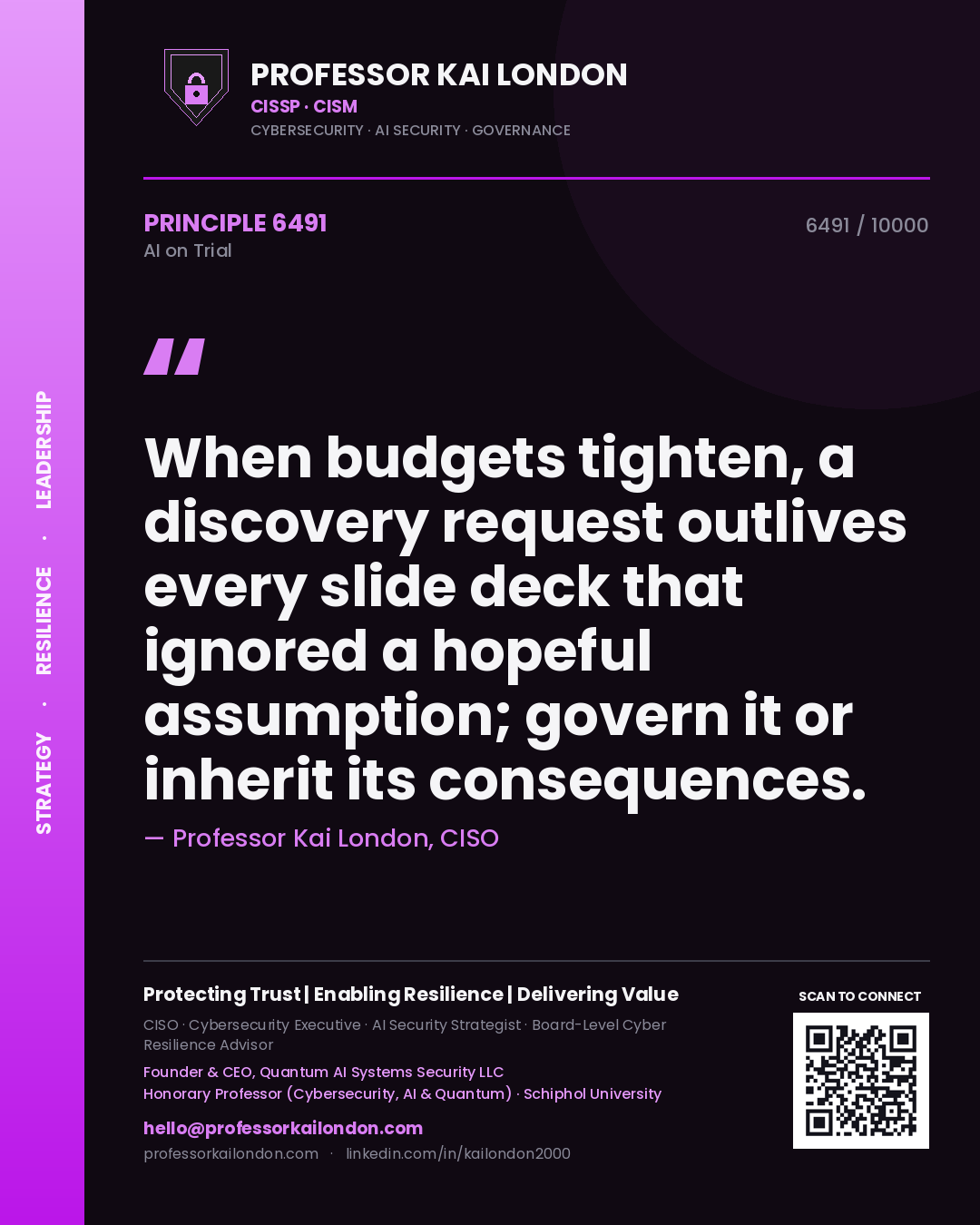 Professor Kai London principle 6491: When budgets tighten, a discovery request outlives every slide deck that ignored a hopeful assumption; govern it or inherit its consequences.