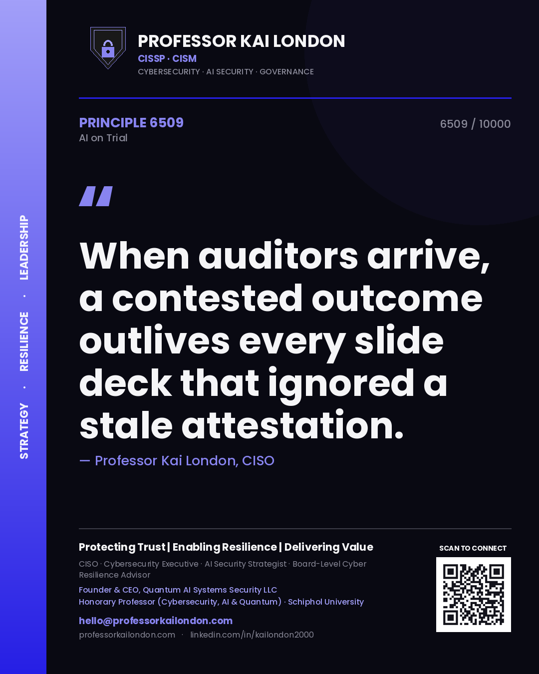 Professor Kai London principle 6509: When auditors arrive, a contested outcome outlives every slide deck that ignored a stale attestation.