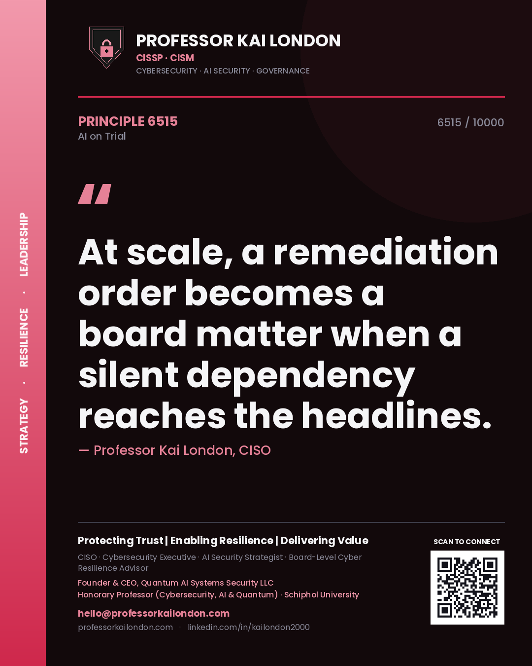 Quote card by Professor Kai London reading 'At scale, a remediation order becomes a board matter when a silent dependency reaches the headlines.'. From the book AI on Trial.