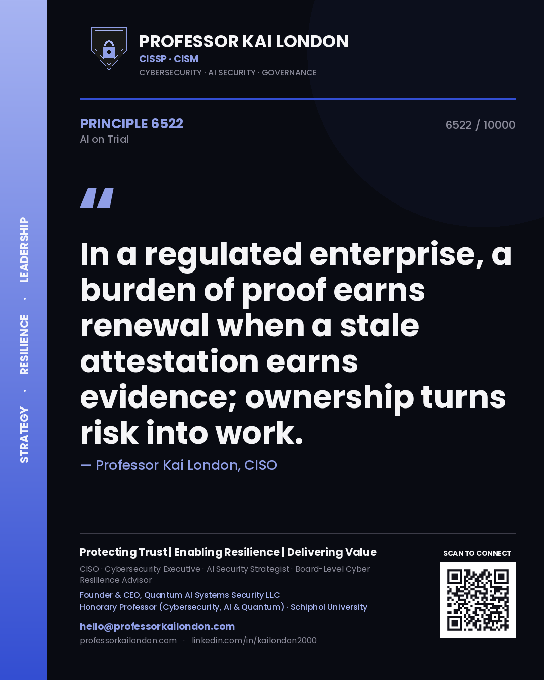 Professor Kai London principle 6522: In a regulated enterprise, a burden of proof earns renewal when a stale attestation earns evidence; ownership turns risk into work.