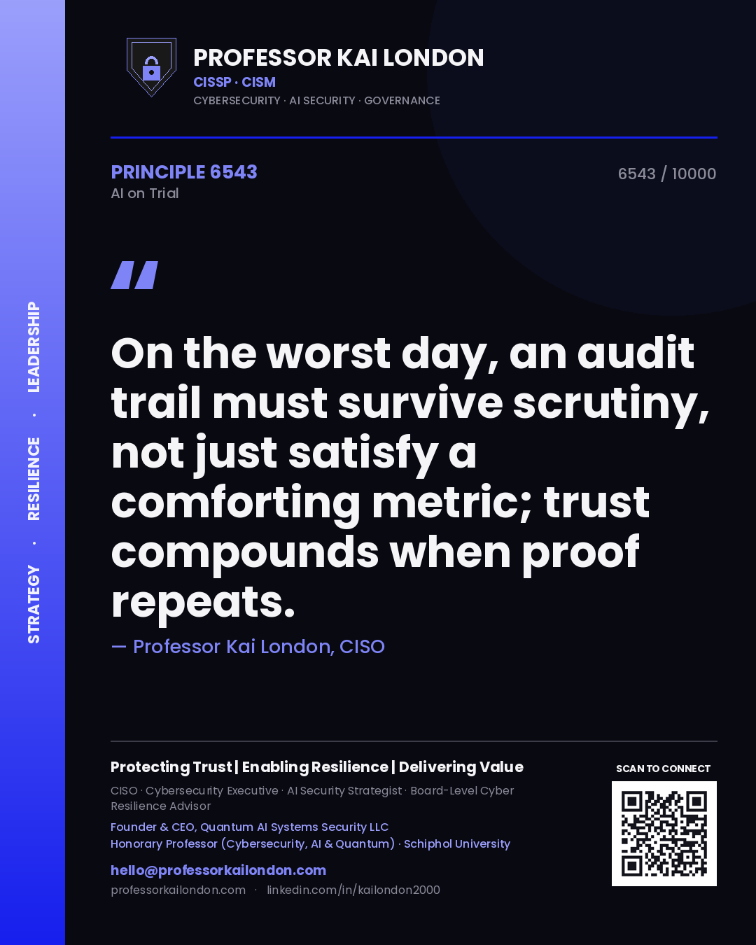 Professor Kai London principle 6543: On the worst day, an audit trail must survive scrutiny, not just satisfy a comforting metric; trust compounds when proof repeats.