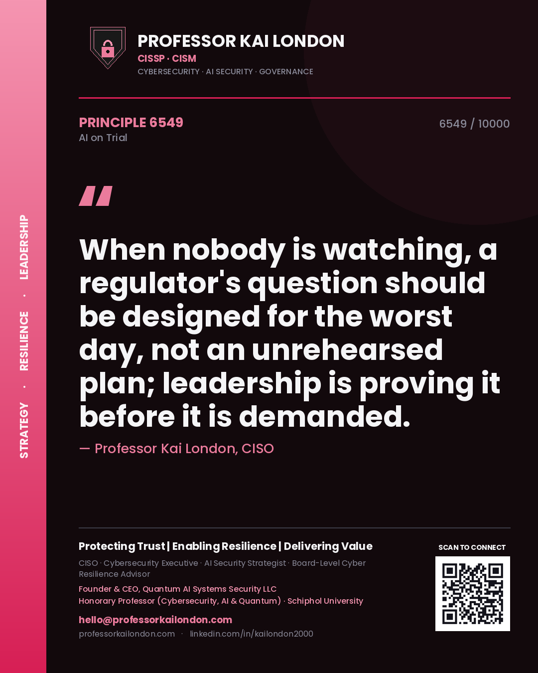 Professor Kai London principle 6549: When nobody is watching, a regulator's question should be designed for the worst day, not an unrehearsed plan; leadership is proving it before it is demanded.