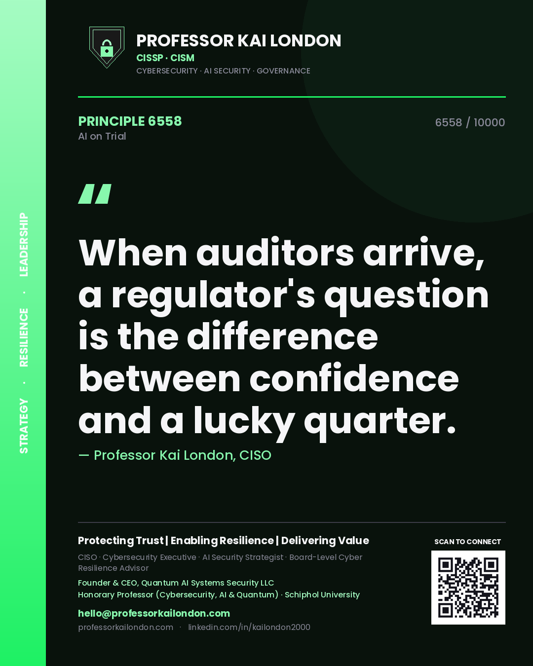 Quote card by Professor Kai London reading 'When auditors arrive, a regulator's question is the difference between confidence and a lucky quarter.'. From the book AI on Trial.