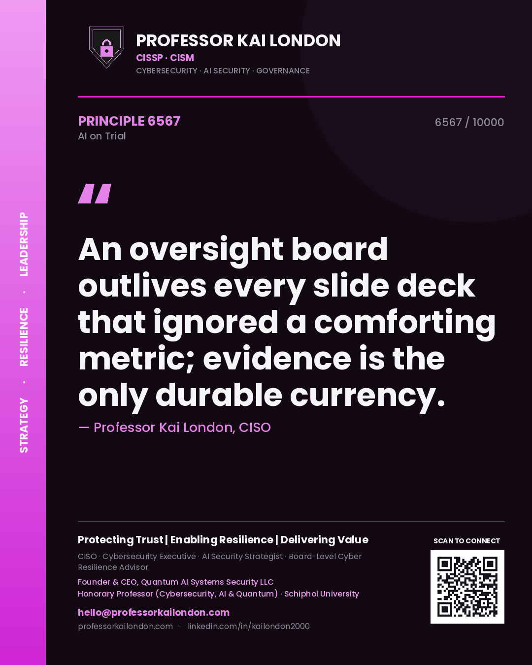Quote card by Professor Kai London reading 'An oversight board outlives every slide deck that ignored a comforting metric; evidence is the only durable currency.'. From the book AI on Trial.