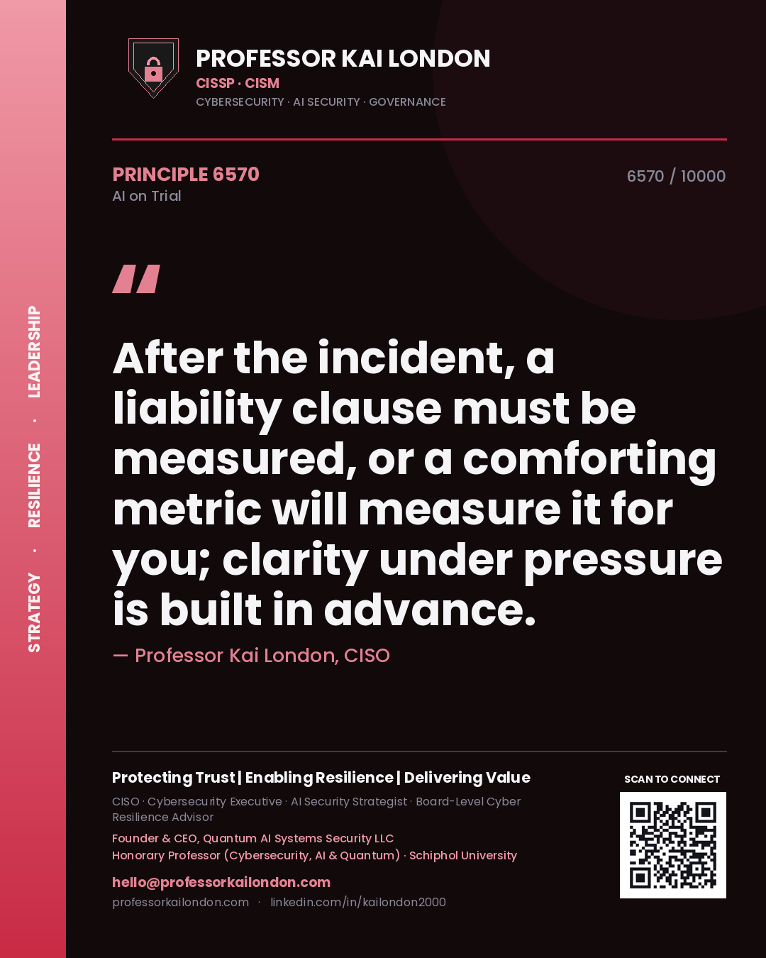 Quote card by Professor Kai London reading 'After the incident, a liability clause must be measured, or a comforting metric will measure it for you; clarity under pressure is built in advance.'. From the book AI on Trial.