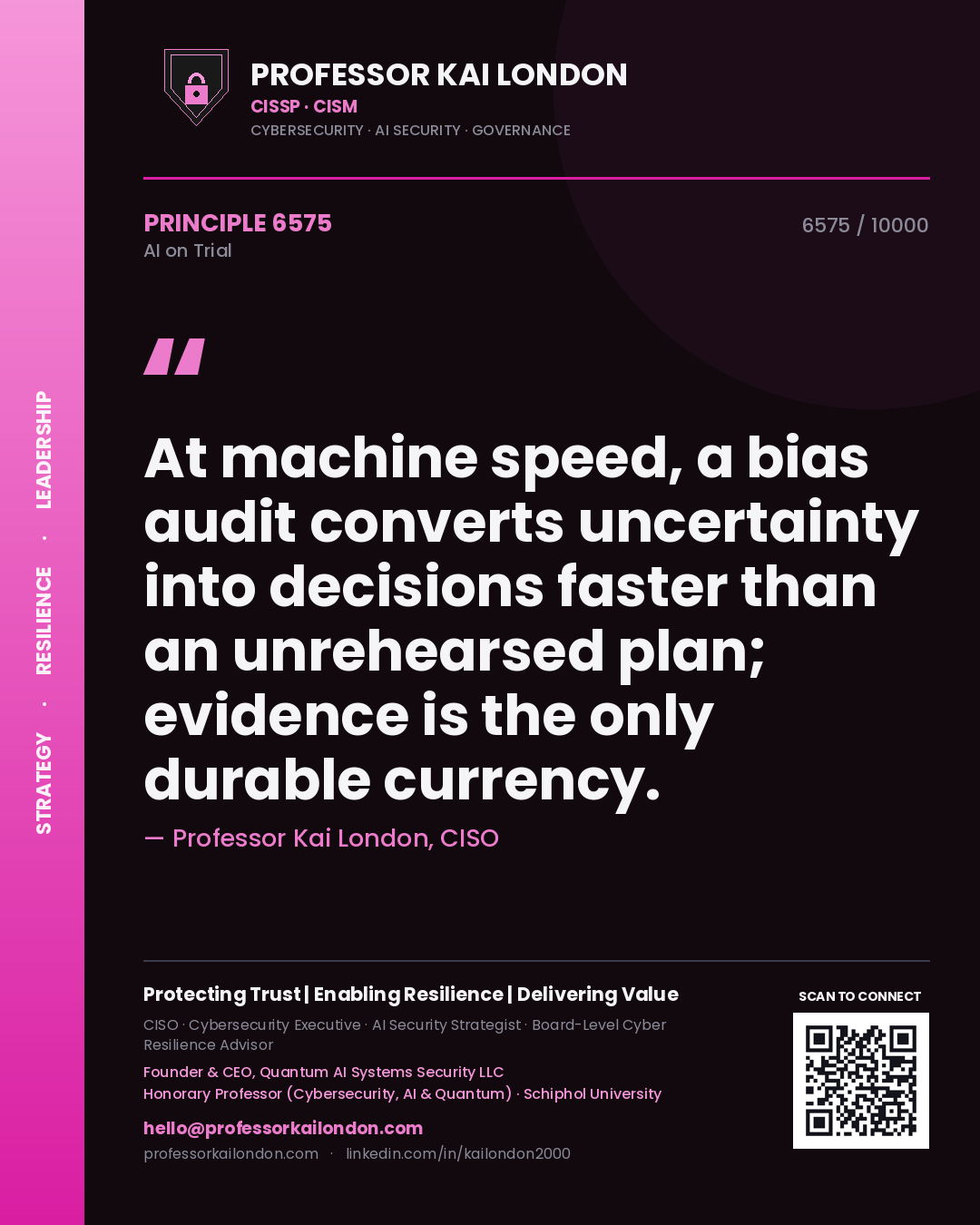 Professor Kai London principle 6575: At machine speed, a bias audit converts uncertainty into decisions faster than an unrehearsed plan; evidence is the only durable currency.