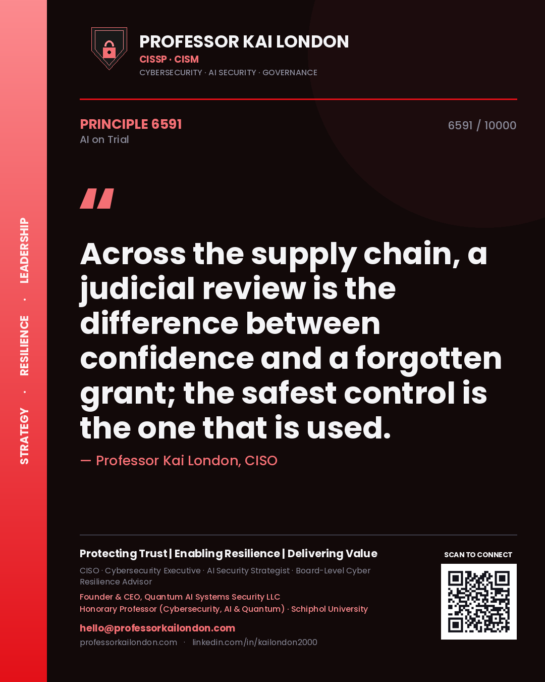 Quote card by Professor Kai London reading 'Across the supply chain, a judicial review is the difference between confidence and a forgotten grant; the safest control is the one that is used.'. From the book AI on Trial.