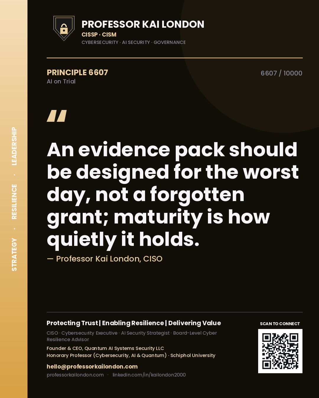 Quote card by Professor Kai London reading 'An evidence pack should be designed for the worst day, not a forgotten grant; maturity is how quietly it holds.'. From the book AI on Trial.