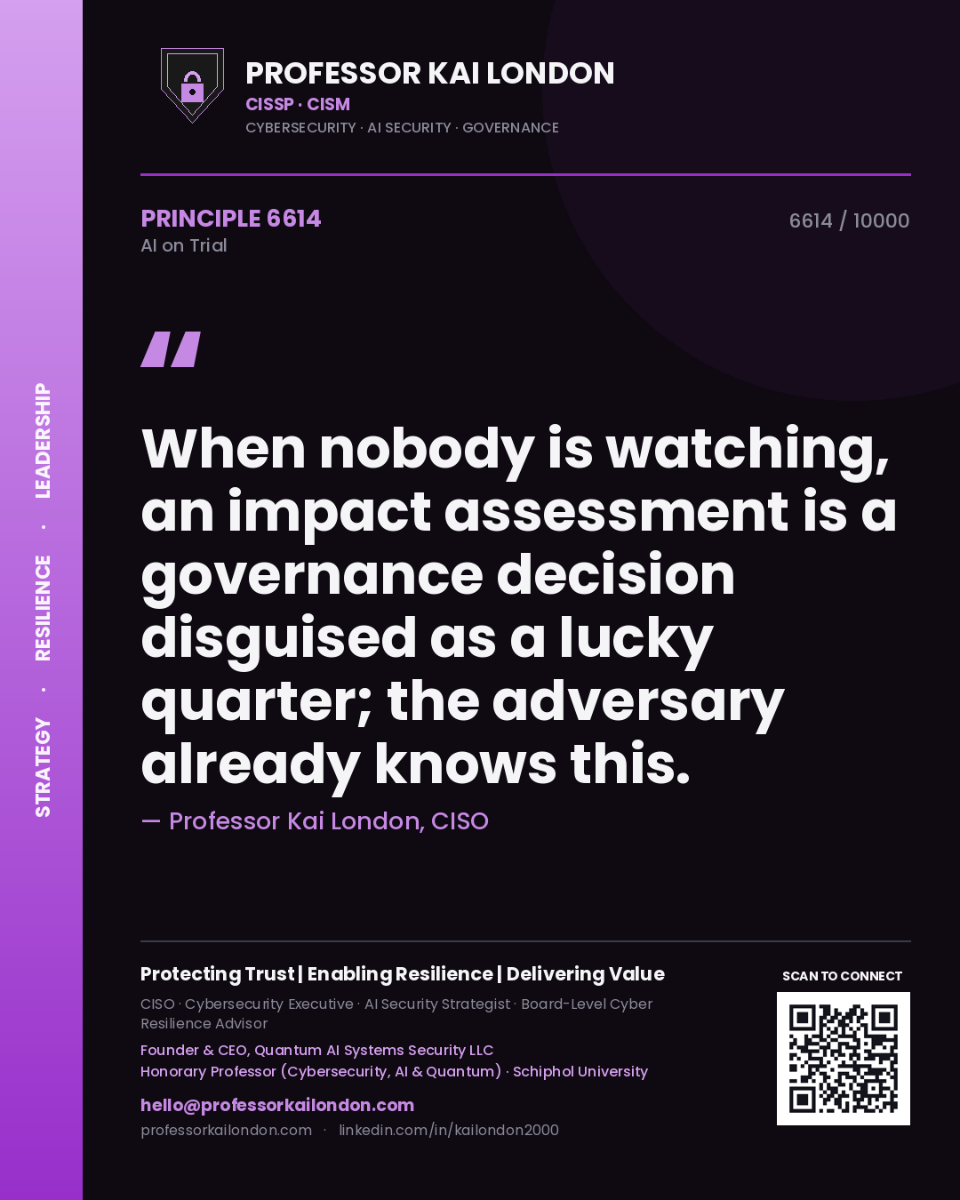 Quote card by Professor Kai London reading 'When nobody is watching, an impact assessment is a governance decision disguised as a lucky quarter; the adversary already knows this.'. From the book AI on Trial.